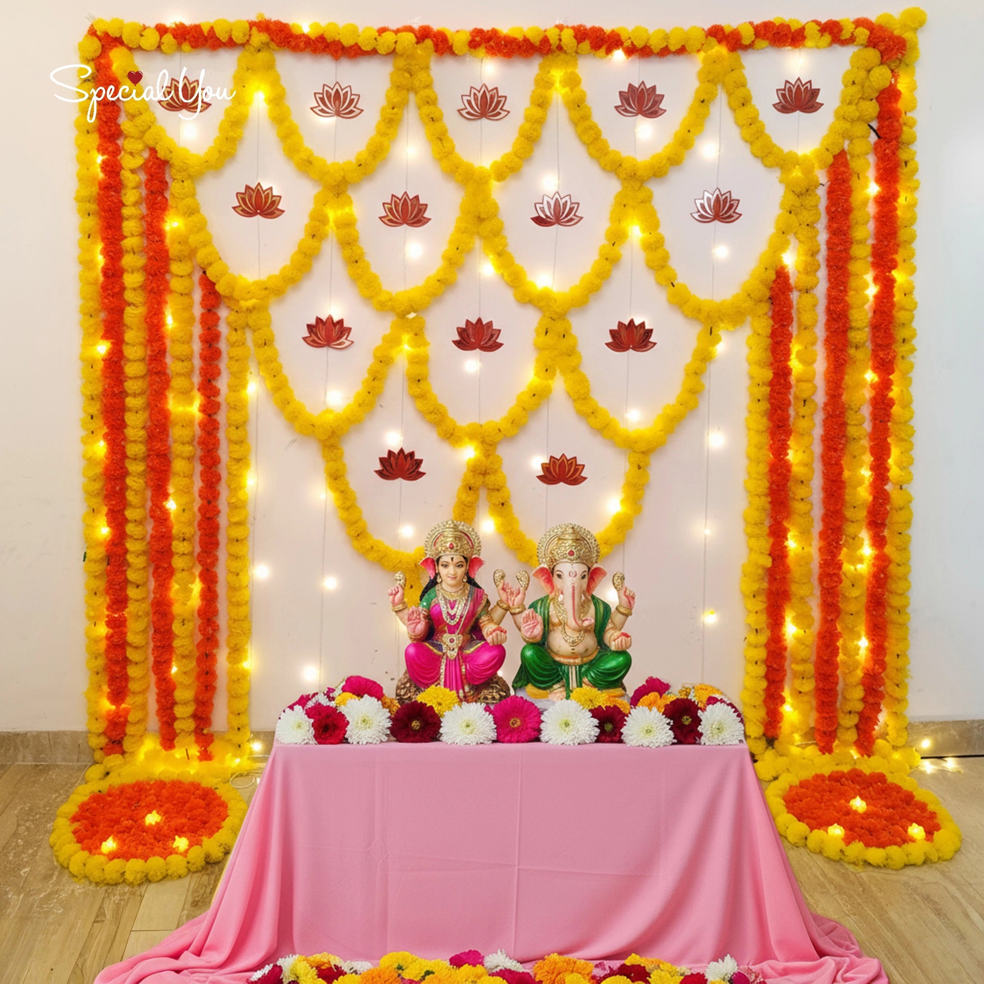 Marigold & Lotus Diwali Backdrop Decor