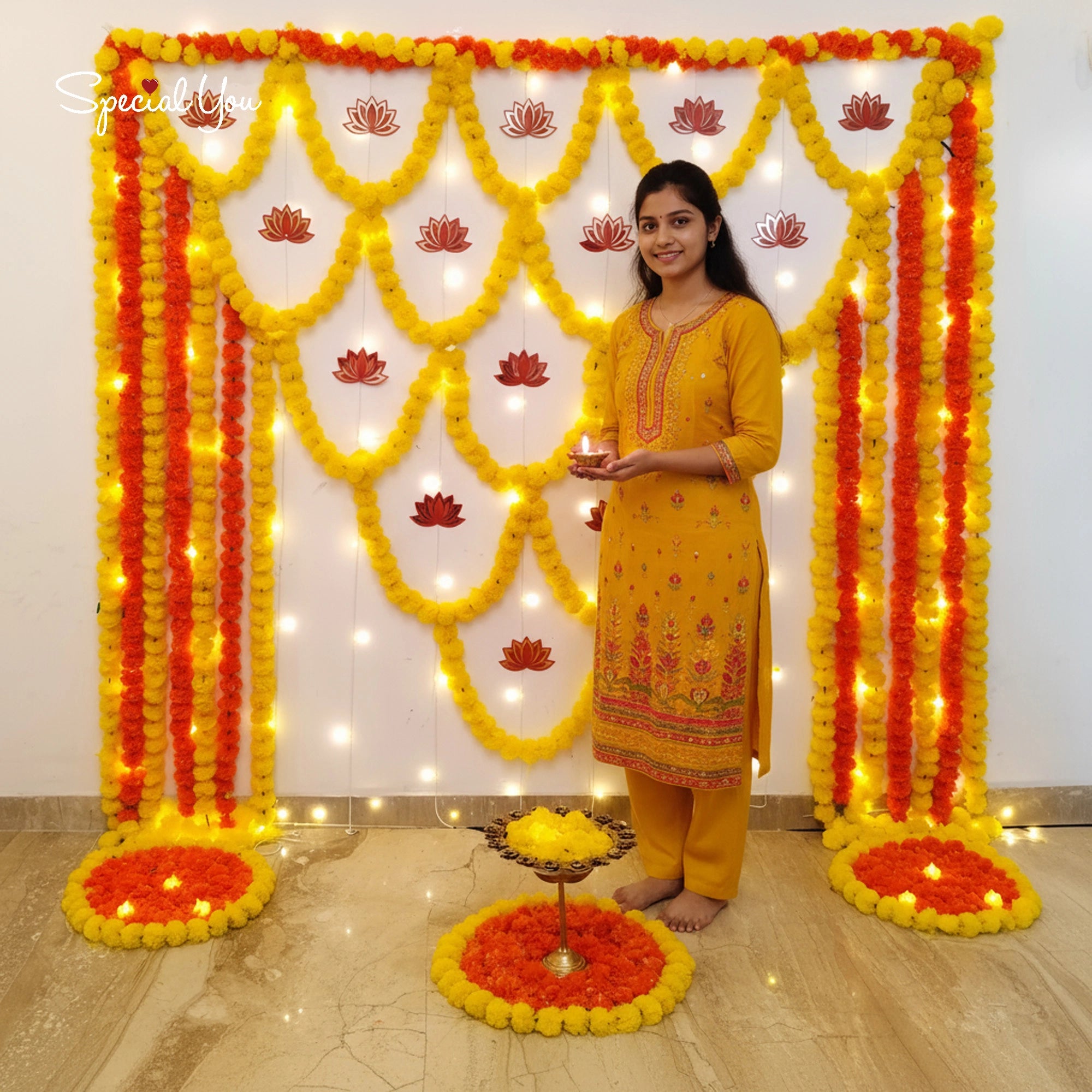 Marigold & Lotus Diwali Backdrop Decor