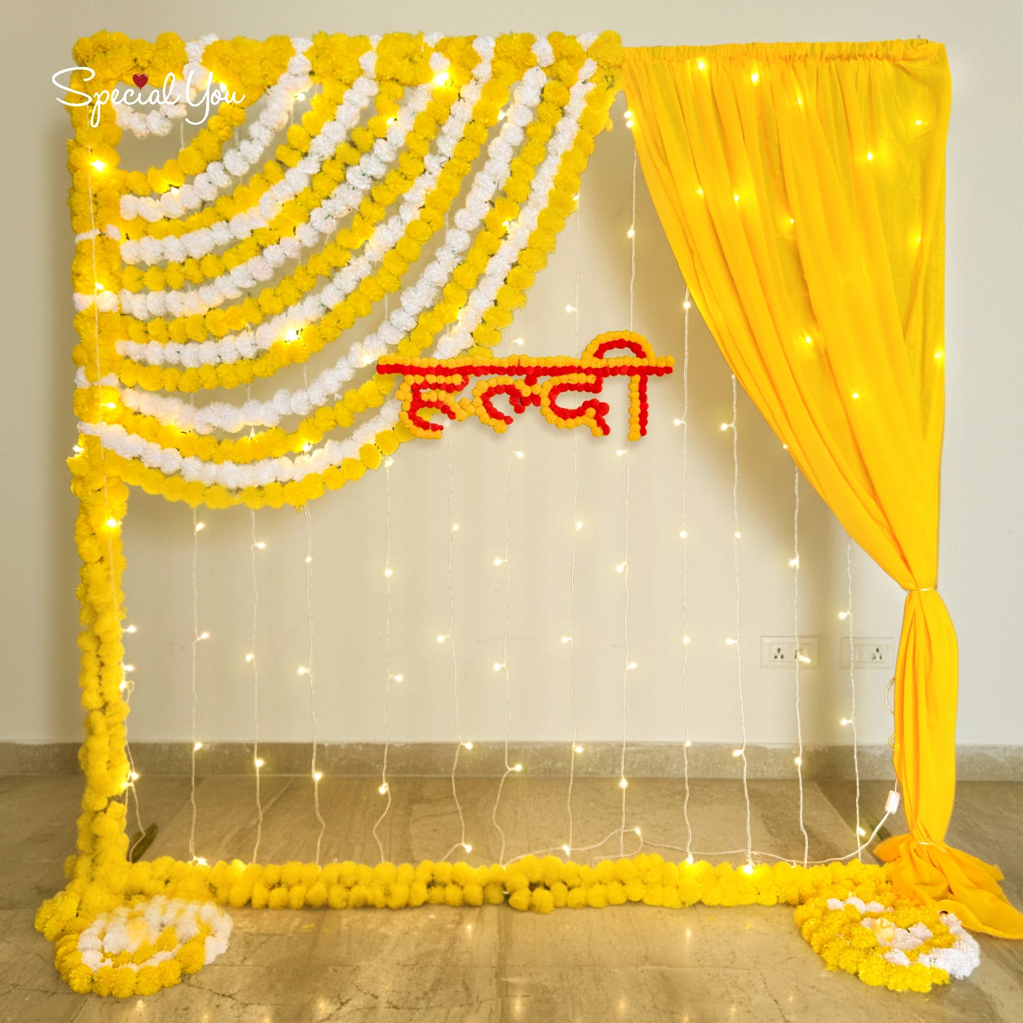 Yellow Floral Haldi Ceremony Backdrop Decor