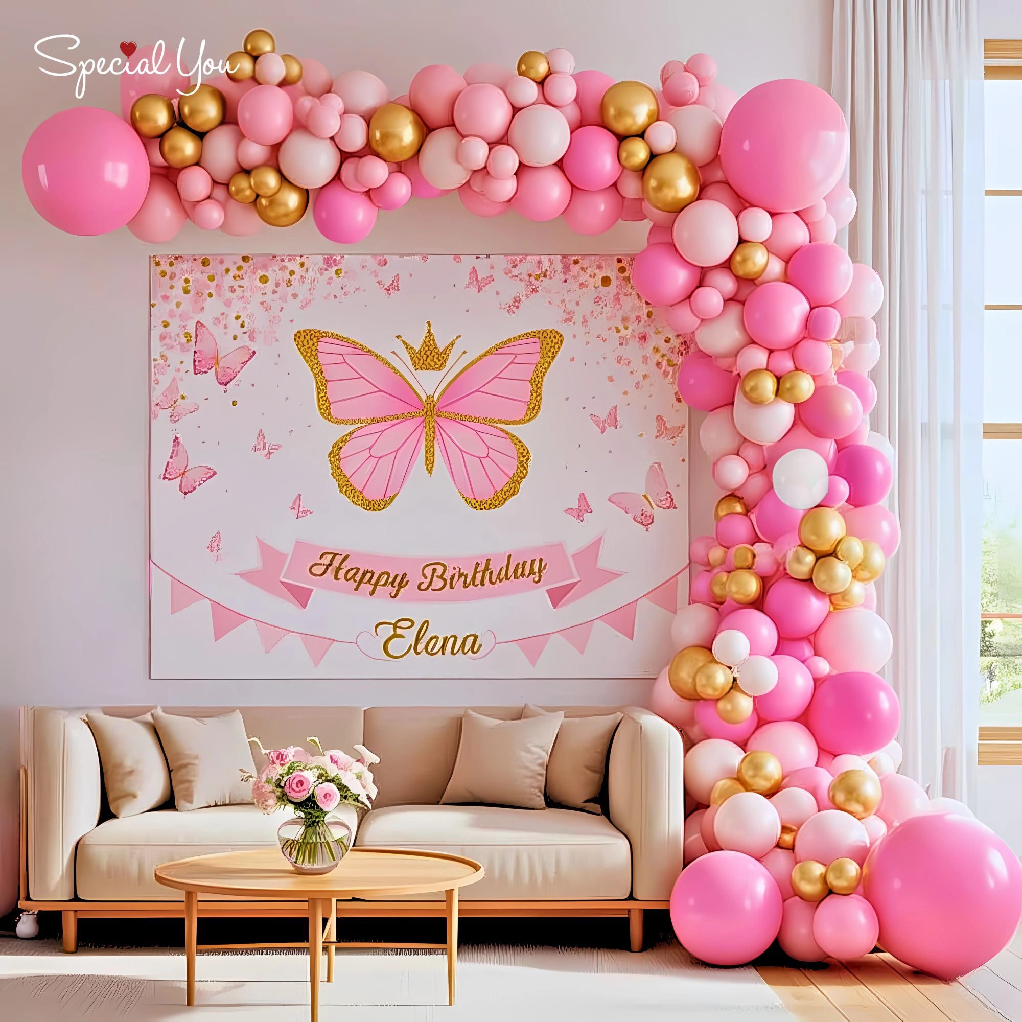 Pink Butterfly Birthday Balloon Decor