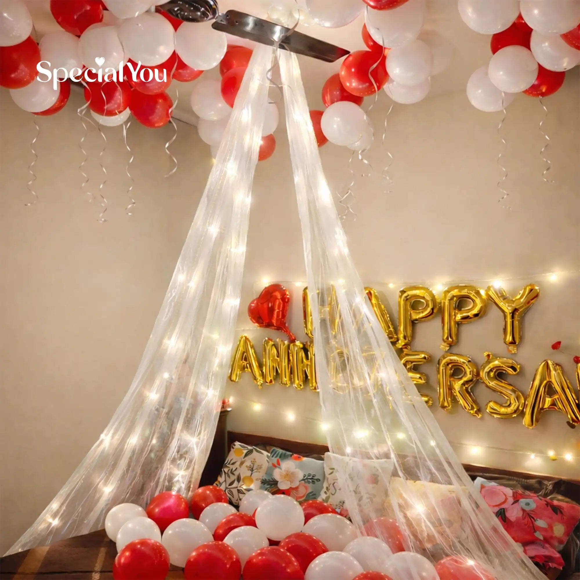 Romantic Anniversary Bed Canopy Balloon Decor