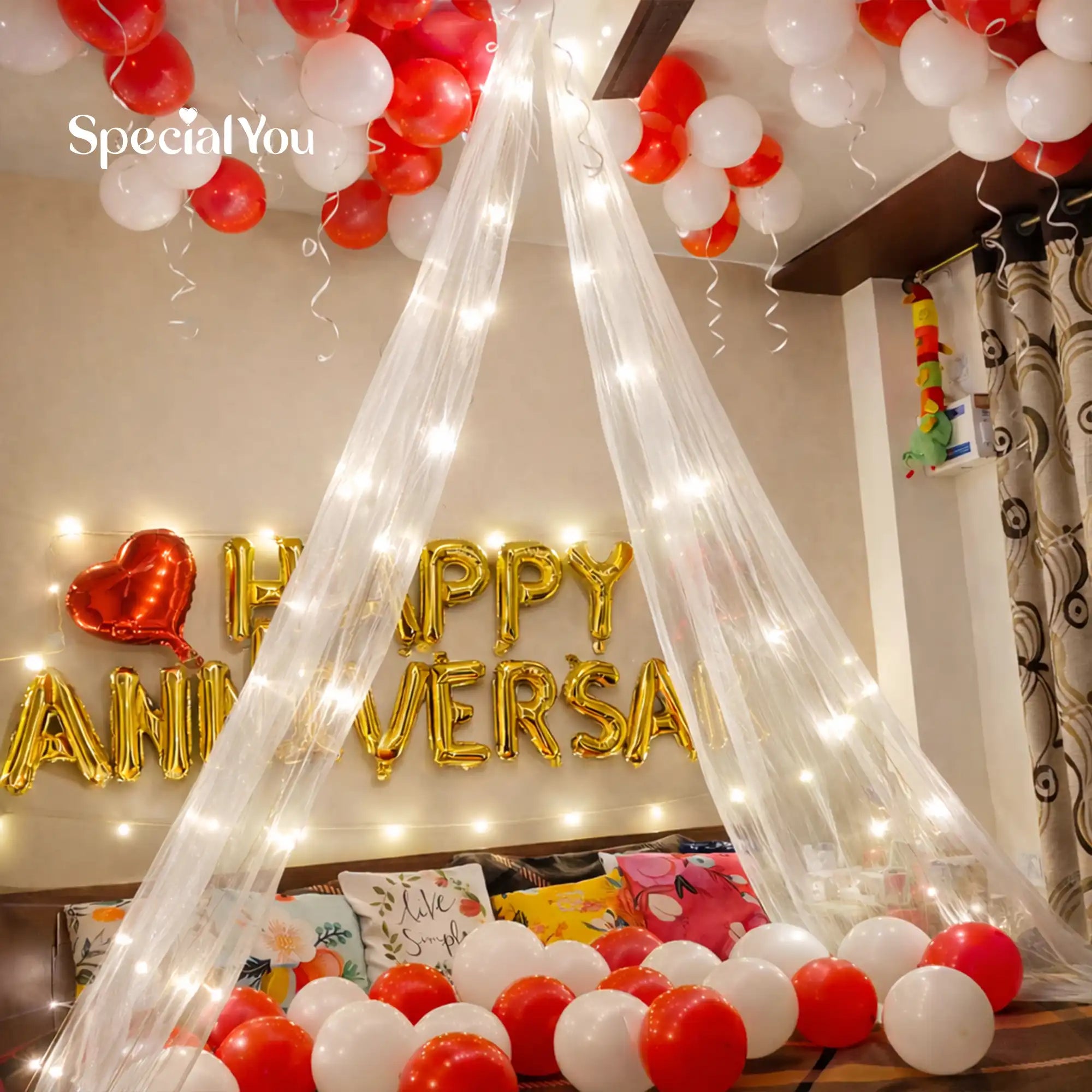 Romantic Anniversary Bed Canopy Balloon Decor