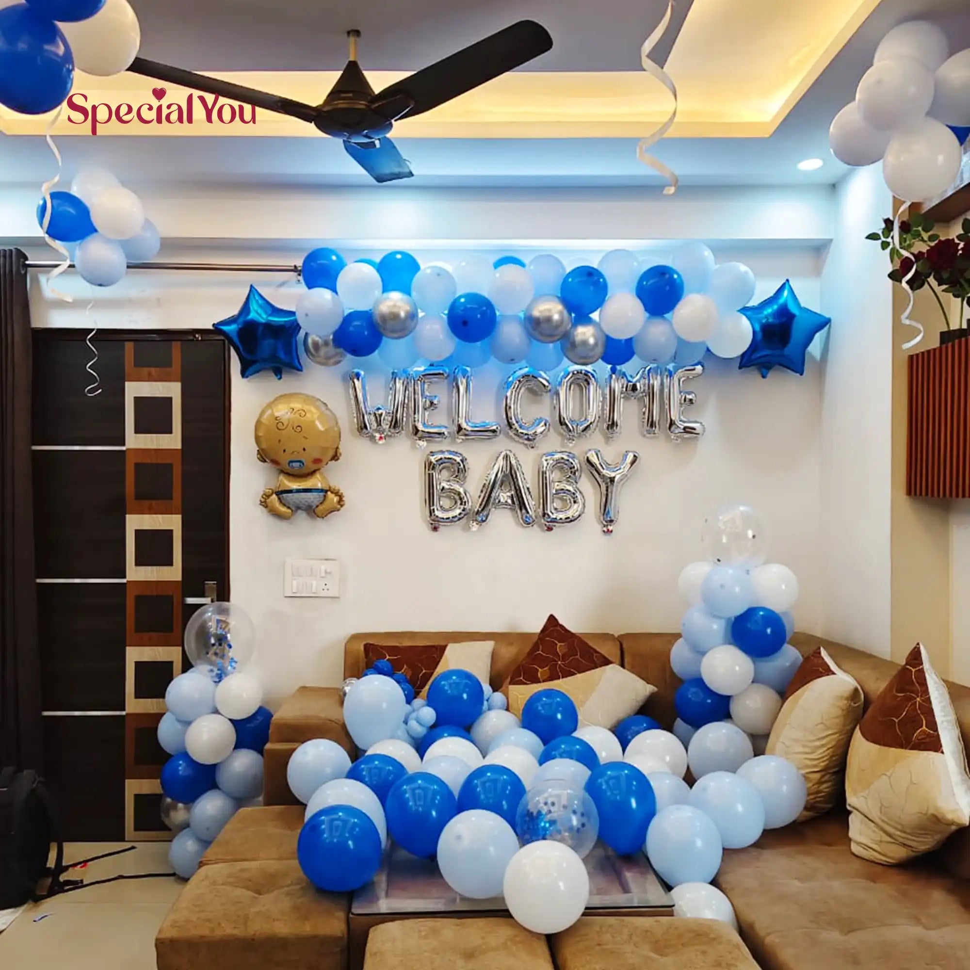 Blue & White Welcome Baby Balloon Decor