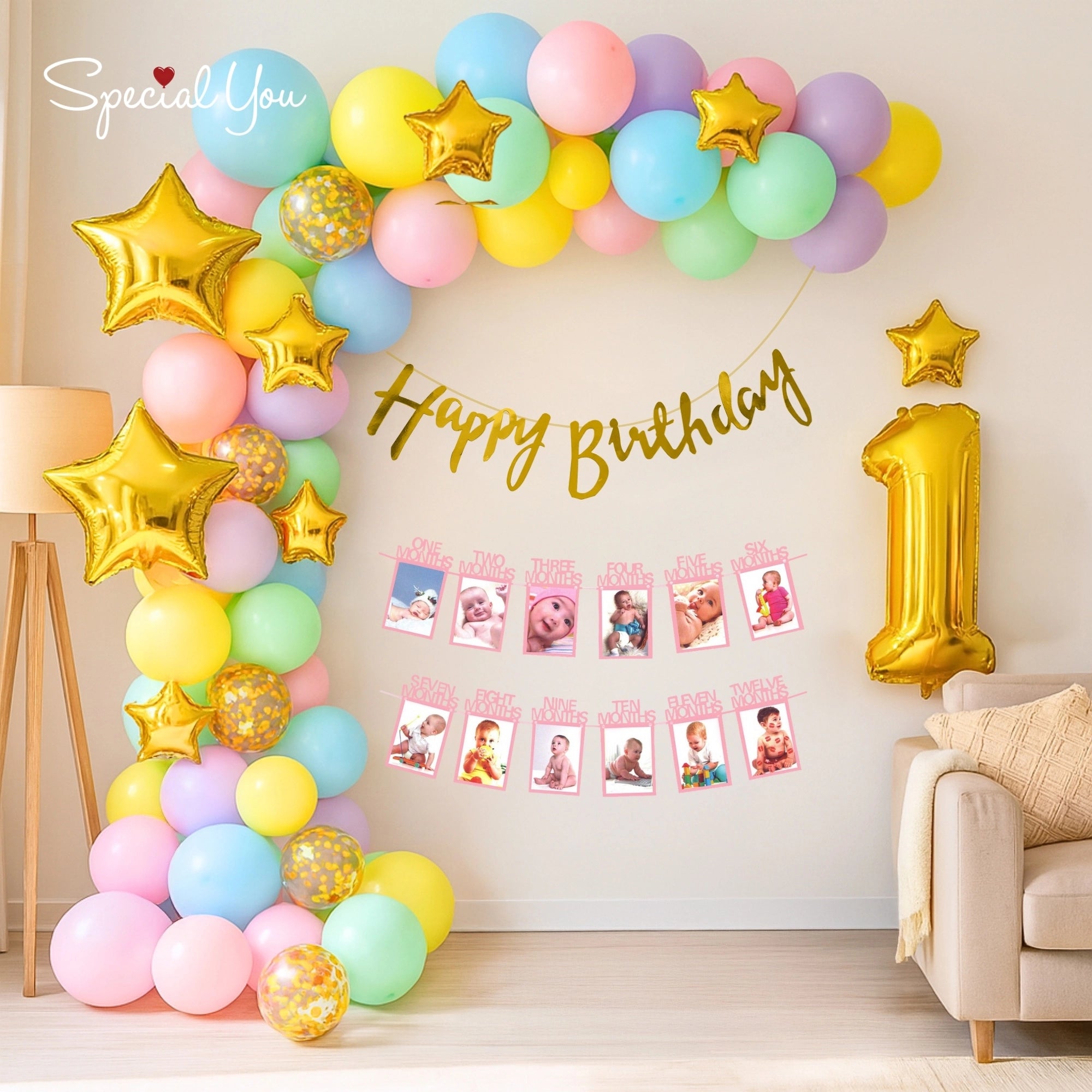 1st Birthday Balloon Decor with Golden Stars