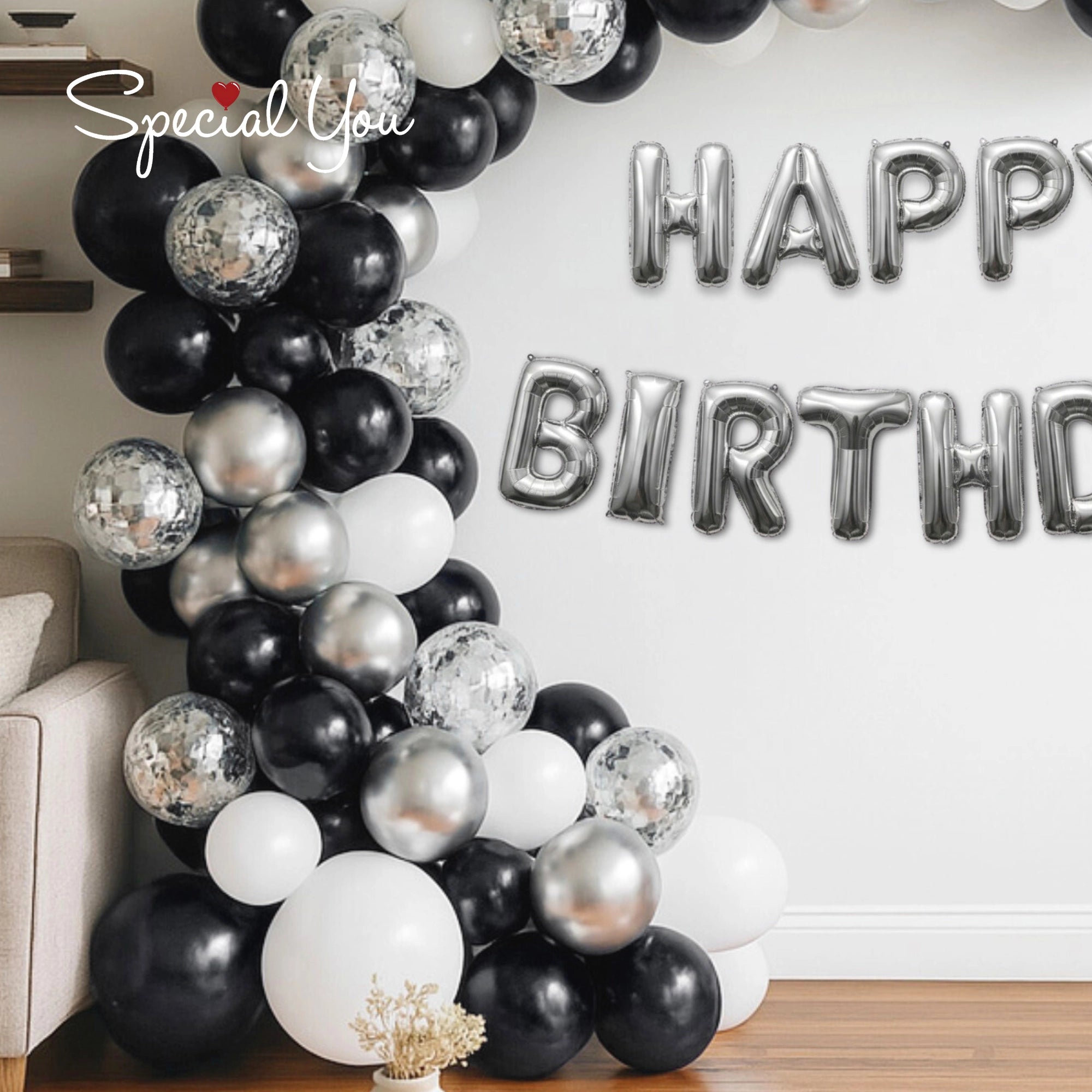 Elegant Black, White & Silver Sparkle Birthday Decor