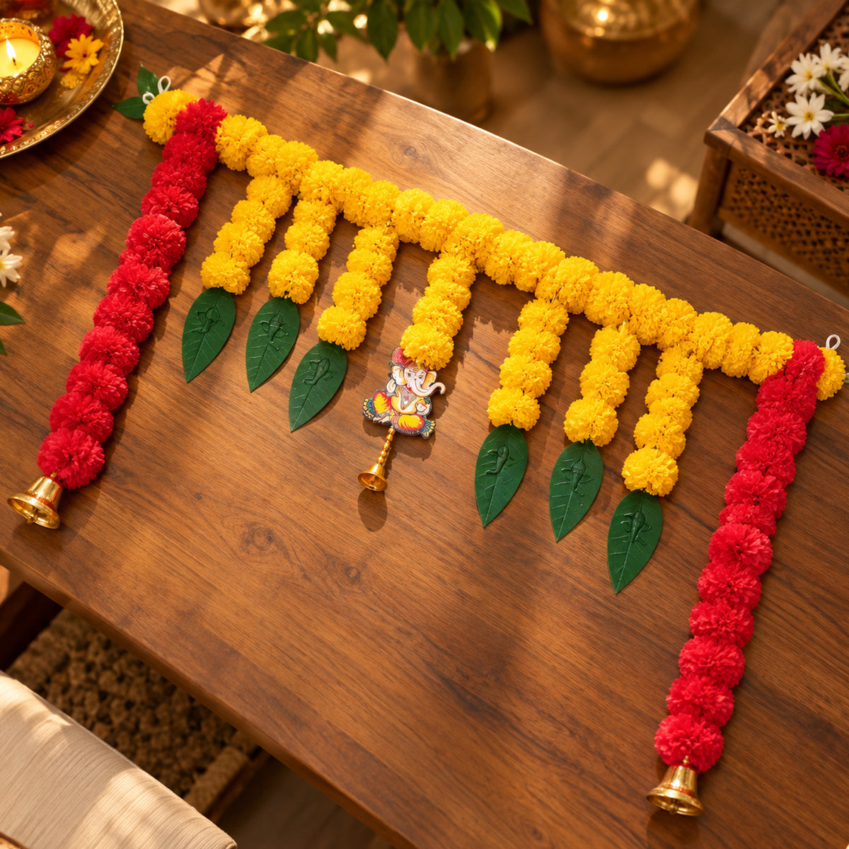 Yellow & Red Marigold Bell Toran for Diwali Decoration for Home