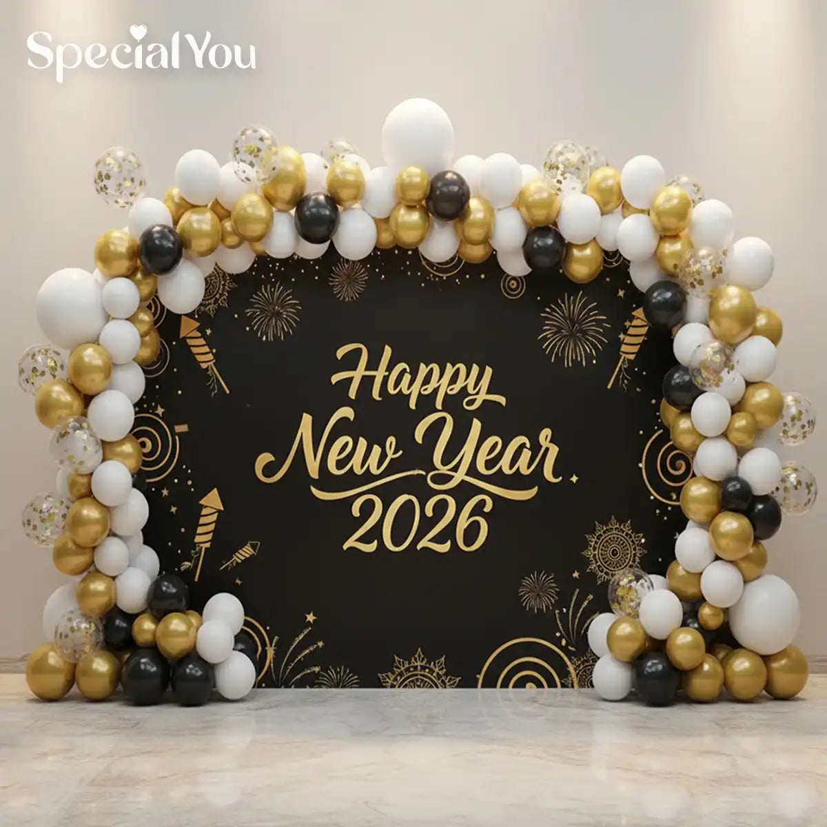 2026 New Year Black & Gold Balloon Arch Decoration