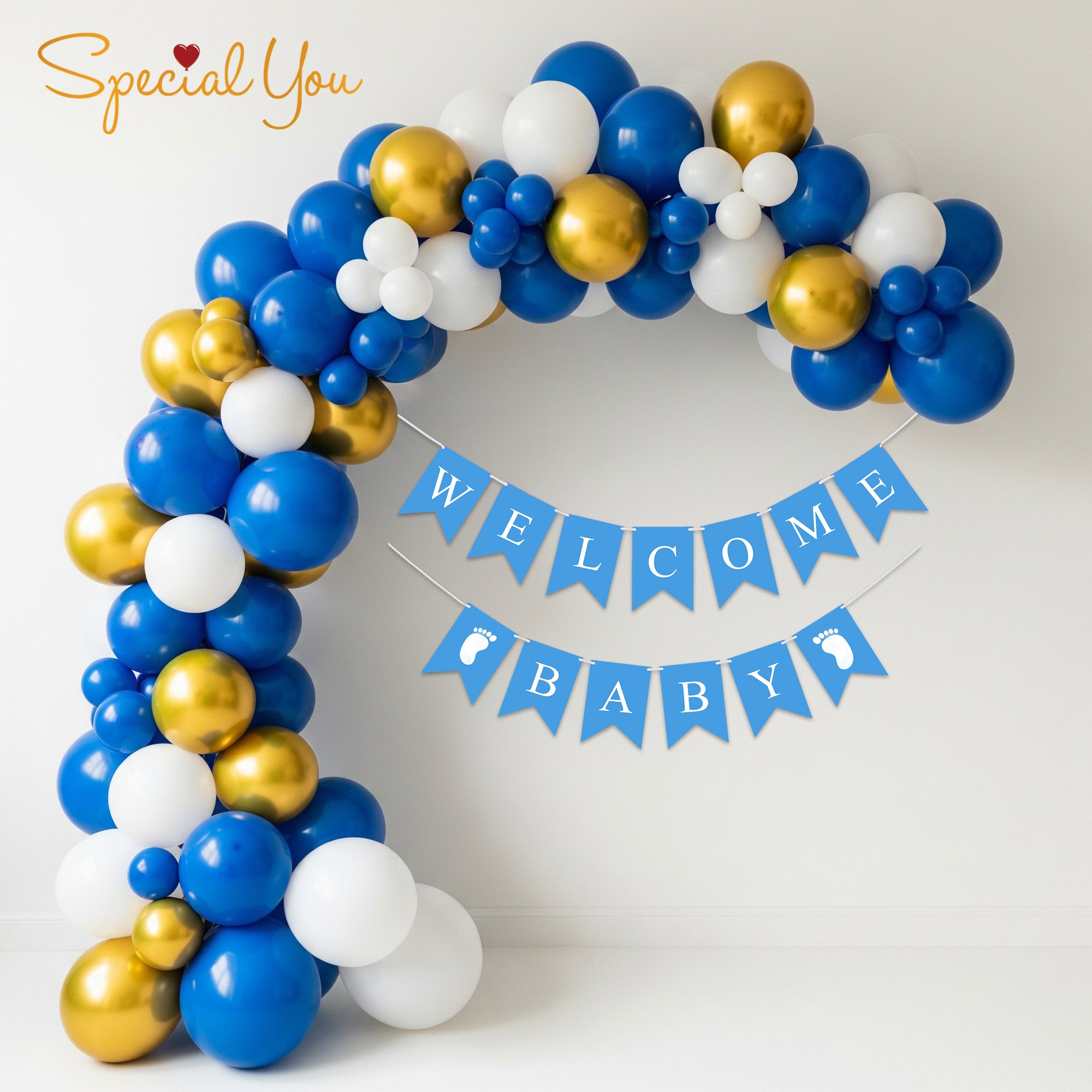 Elegant Blue and Gold Welcome Baby Decor