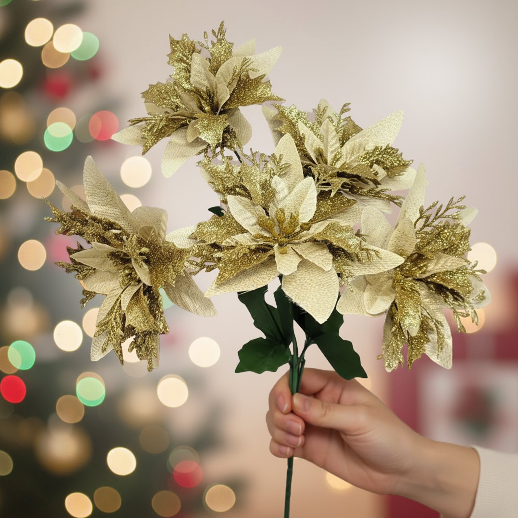 Christmas Decor Gold Poinsettia Flower - 5pcs