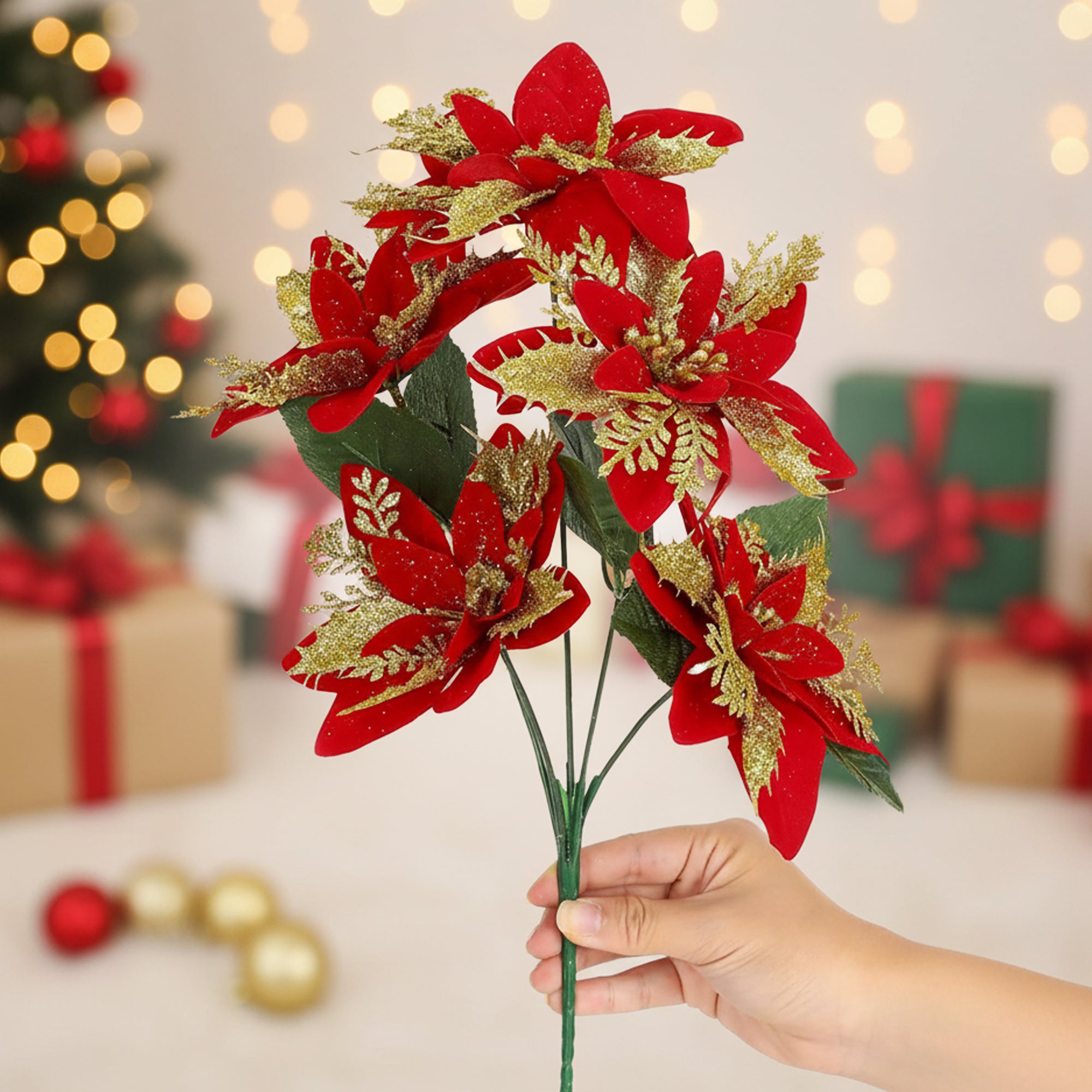 Artificial Red Poinsettia Flower Bunch