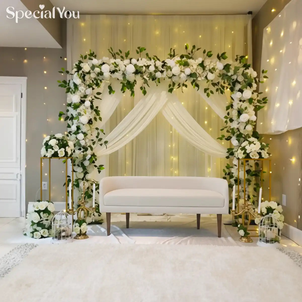 Elegant White & Green Floral Arch Backdrop Decor