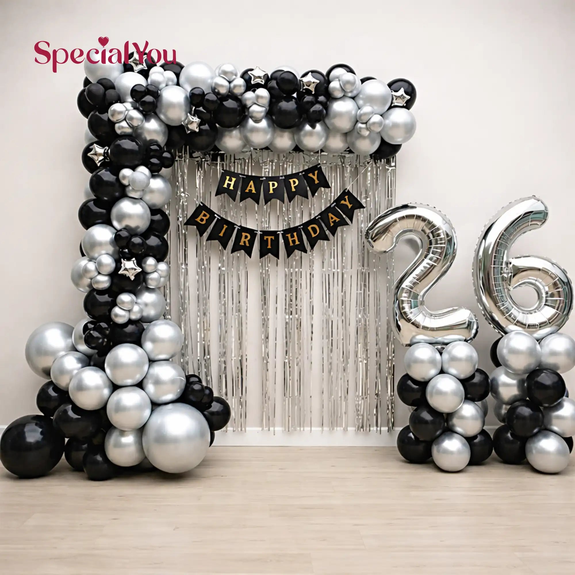 Silver Black Birthday Balloon Backdrop Decor