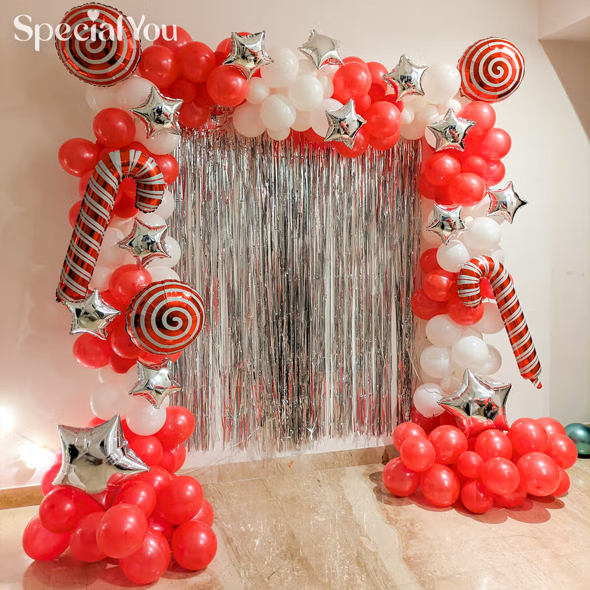 Xmas Balloon Decor with Candy Cane Arch & Silver Backdrop