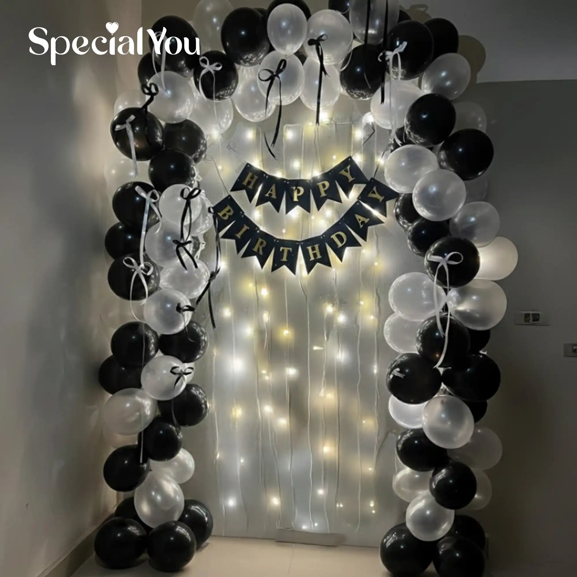Black & White Balloon Decoration with Fairy Lights