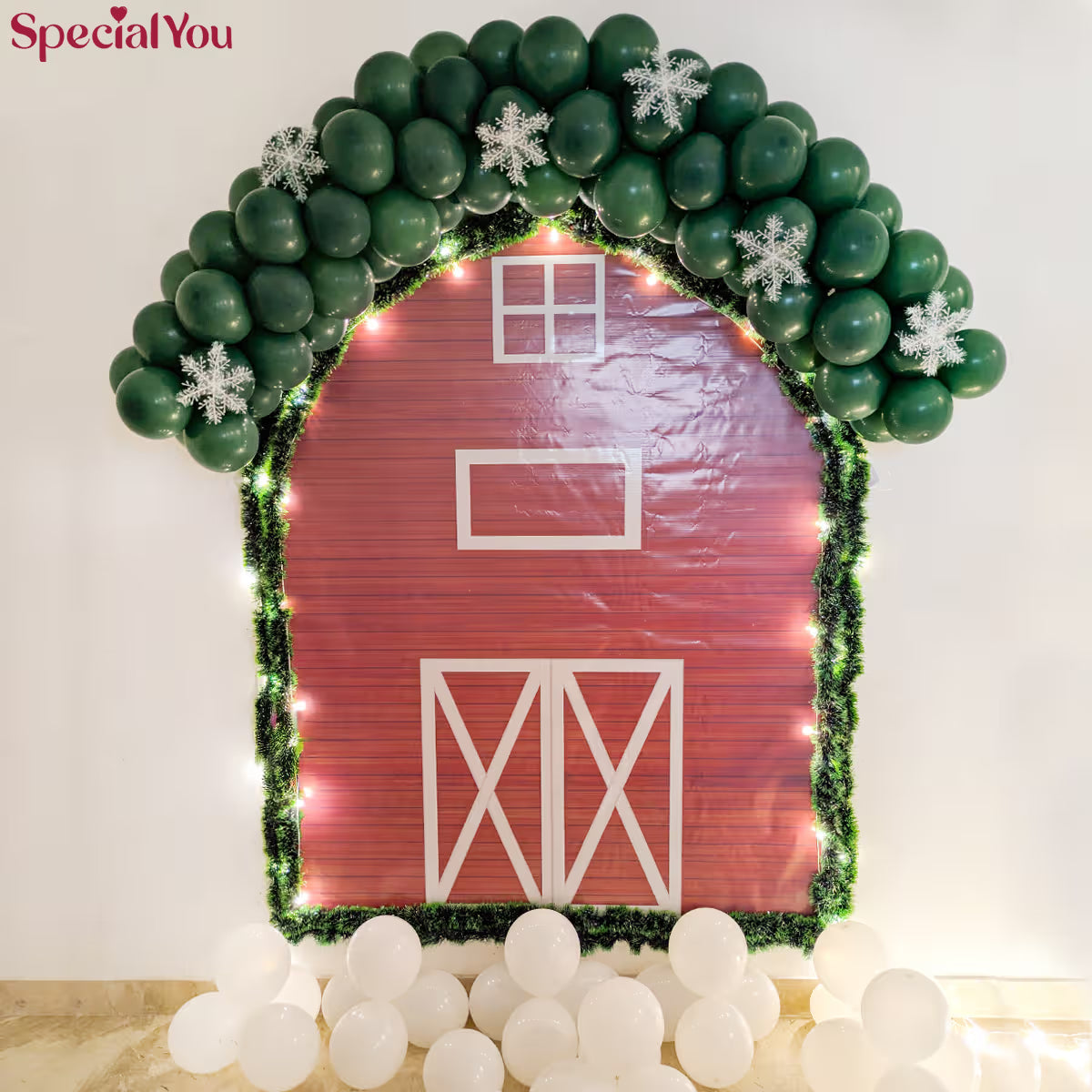 Christmas Barn Backdrop Decor with Green Balloon Arch