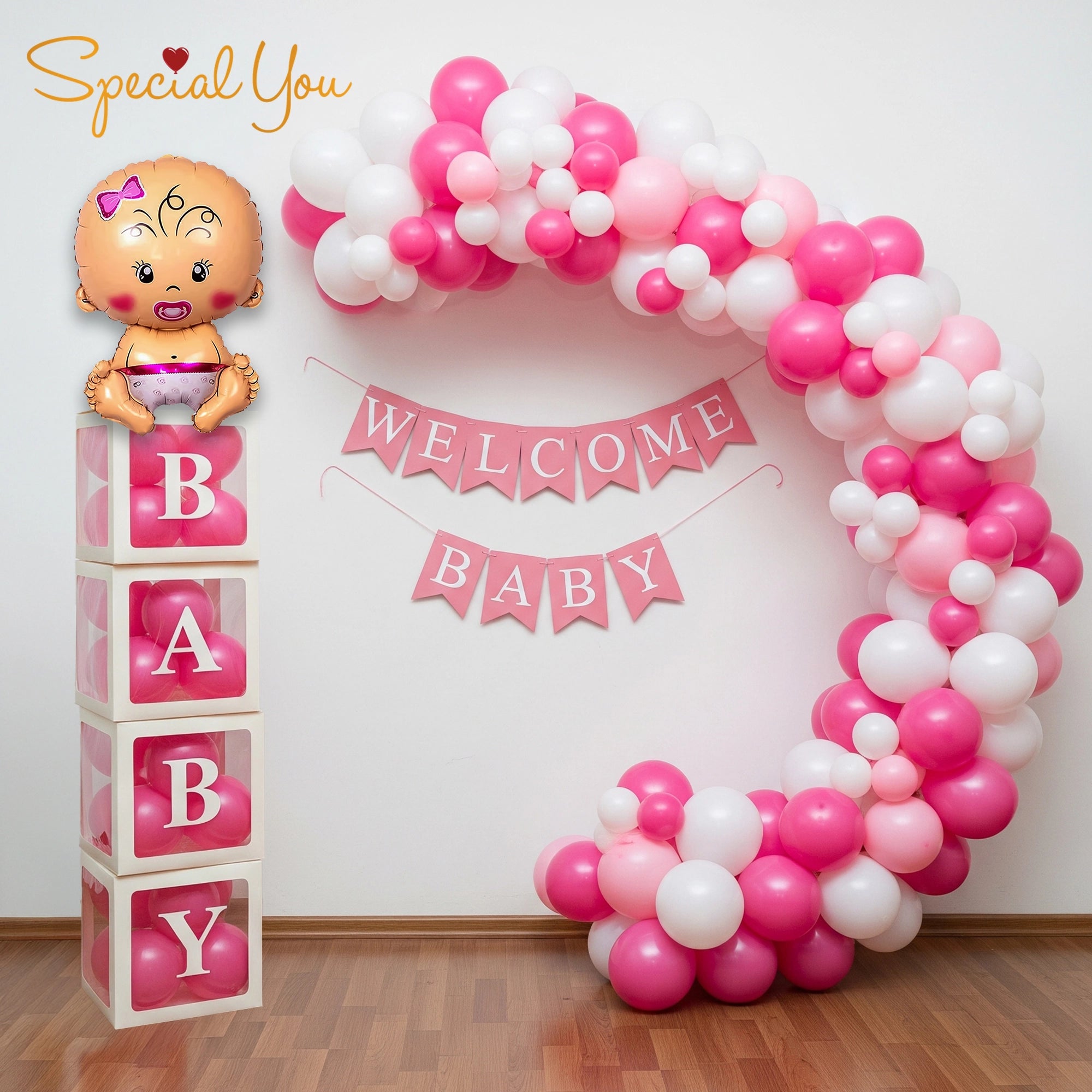Pink Welcome Baby Balloon Decor