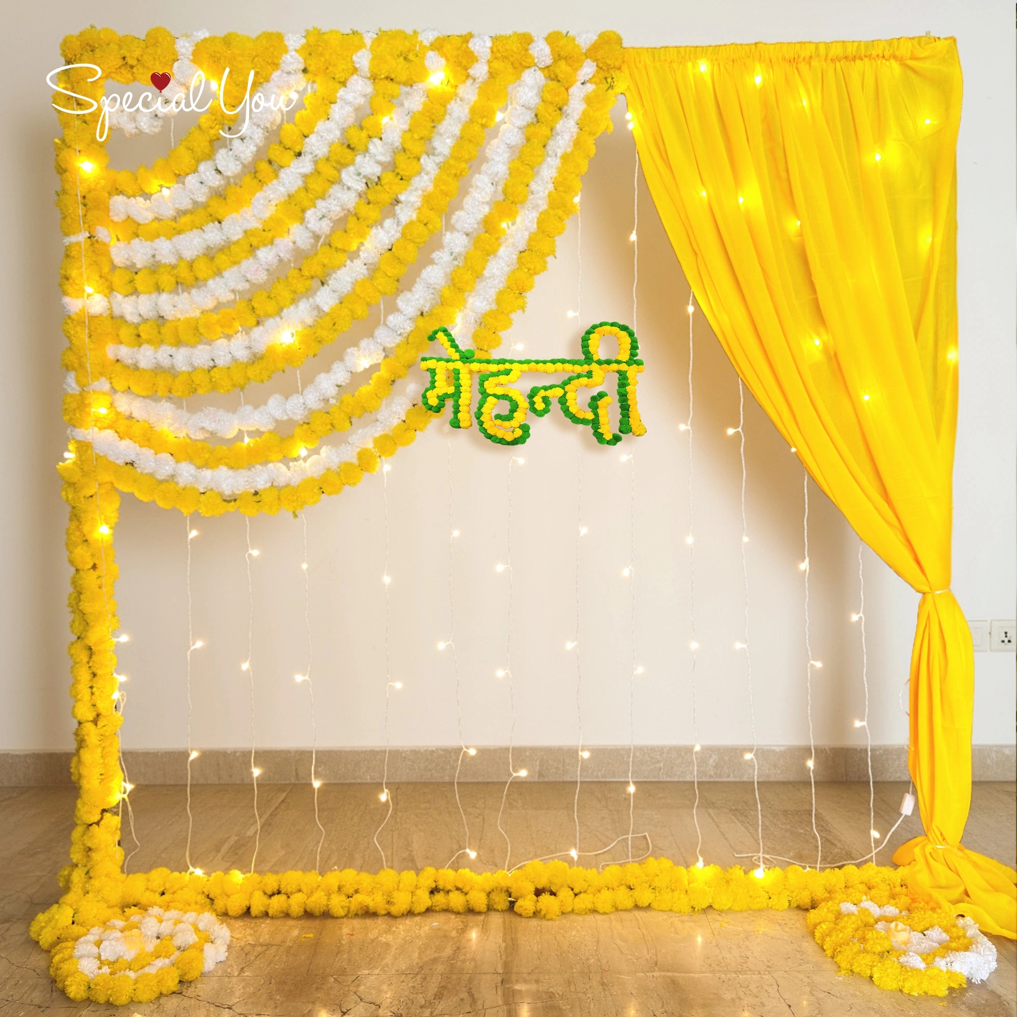 Yellow Floral Mehndi Ceremony Backdrop Decor