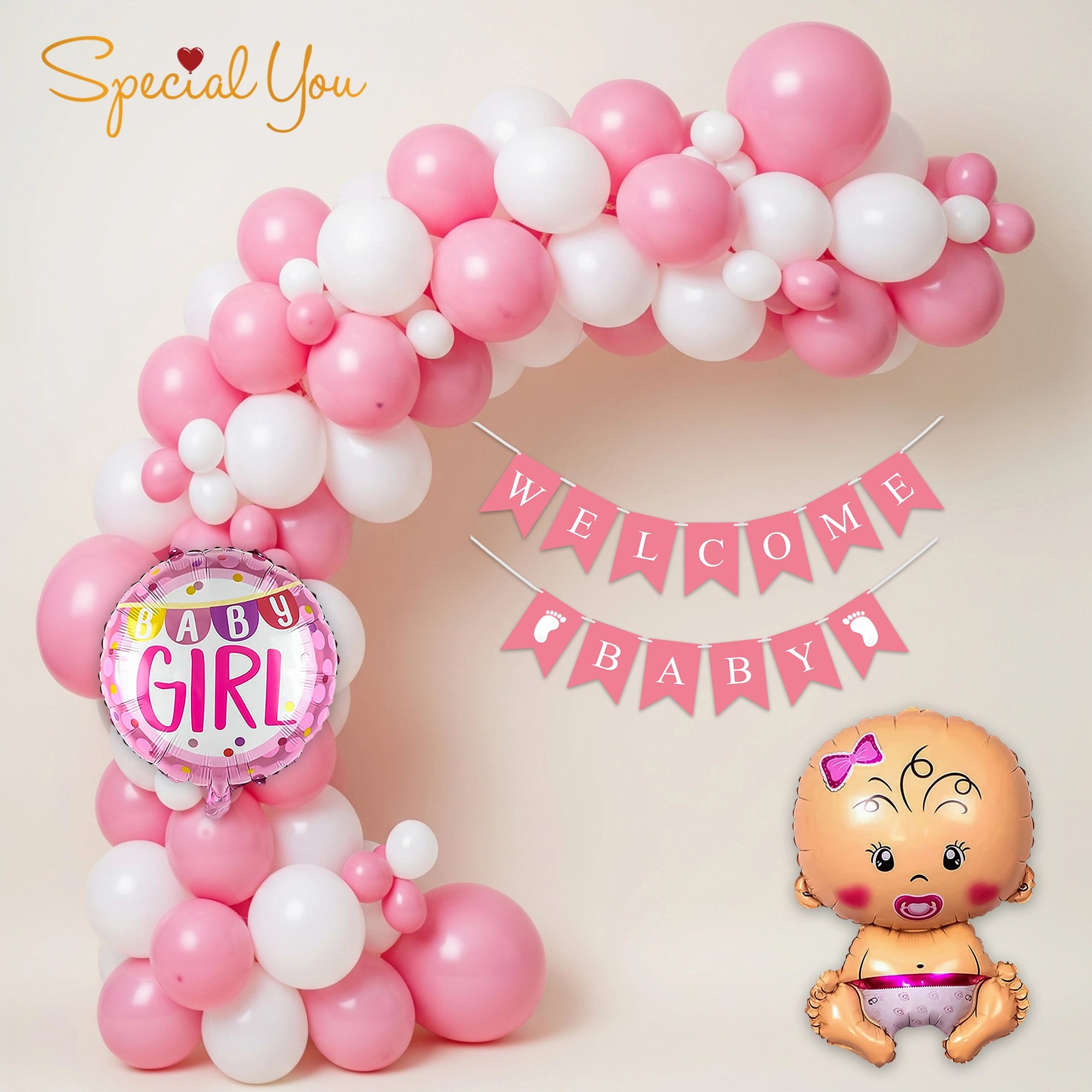 Pink & White Baby Girl Welcome Balloon Decor