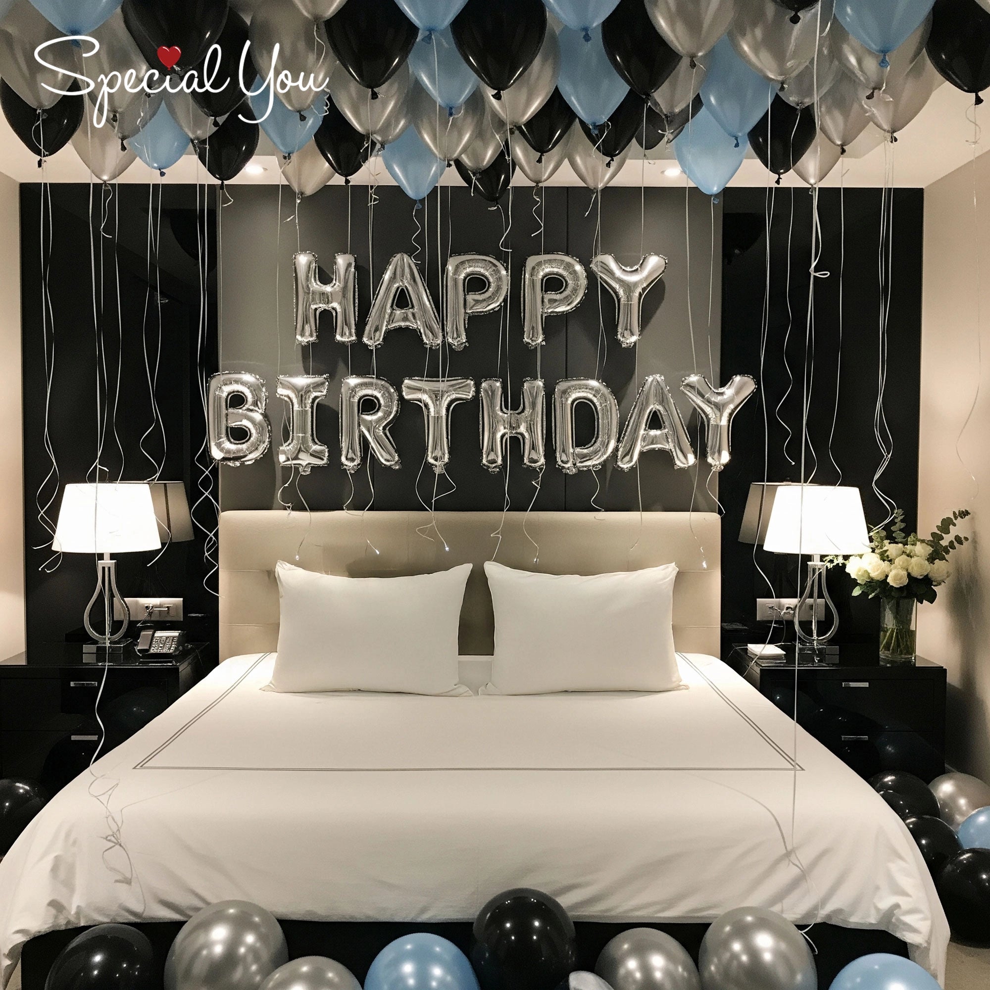 Black, Silver & Blue Birthday Balloon Room Decor