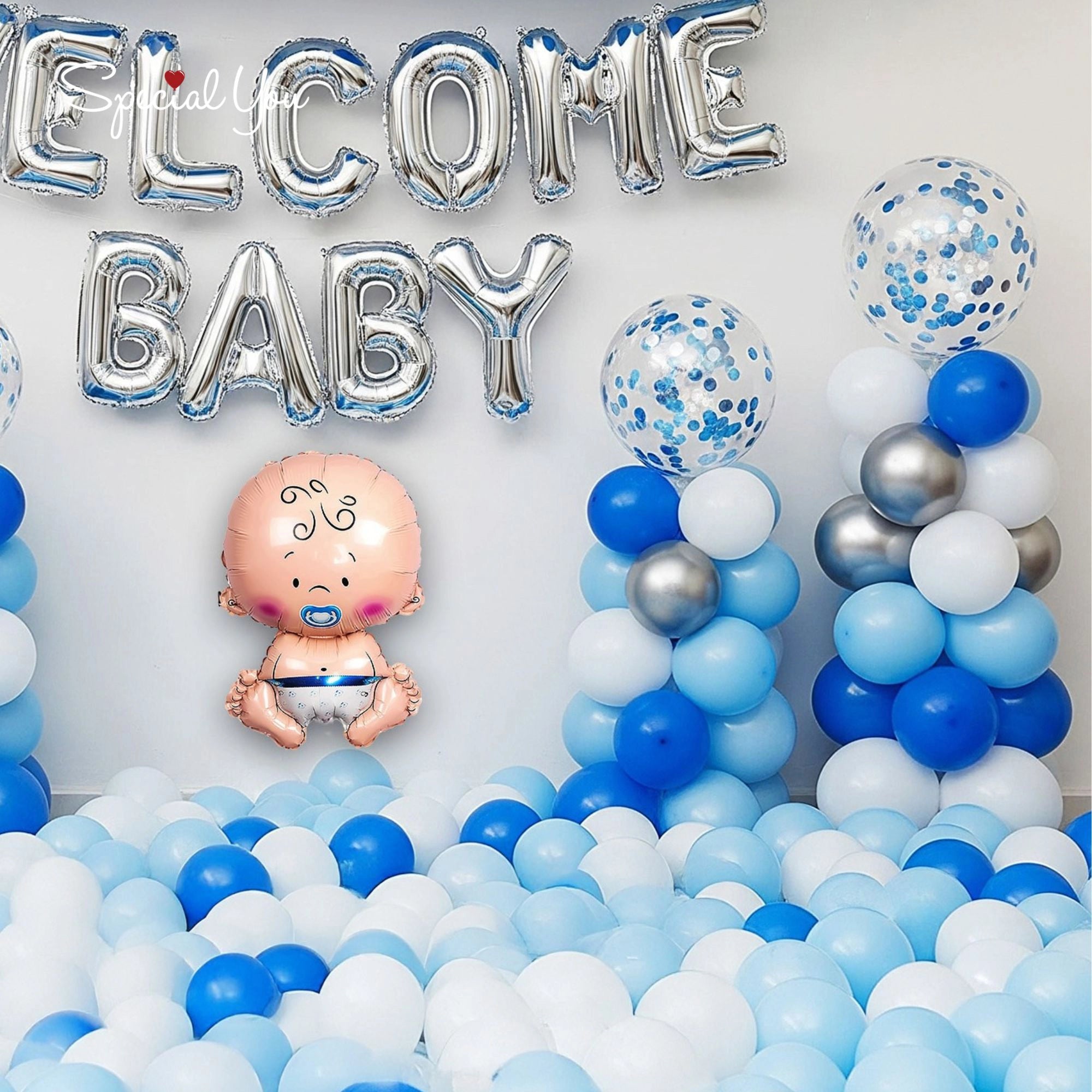 Blue & White Welcome Baby Balloon Decor