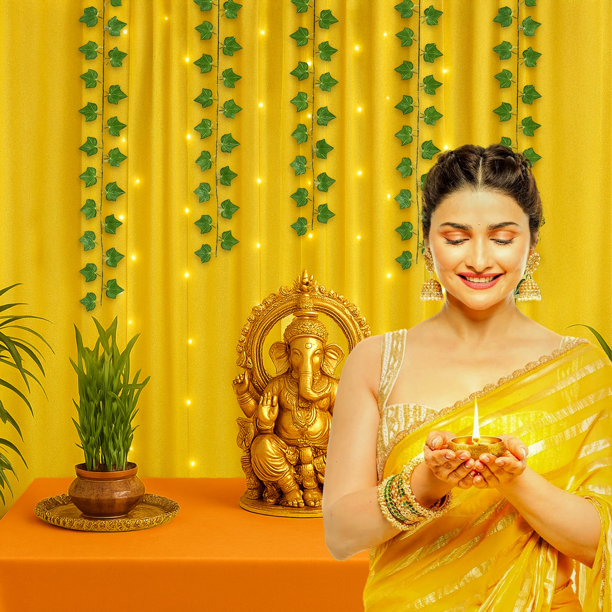 Yellow Backdrop with vines and LED light