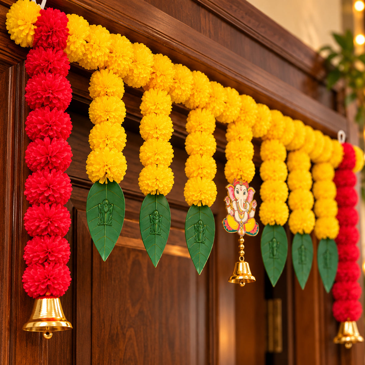 Yellow & Red Marigold Bell Toran for Diwali Decoration for Home
