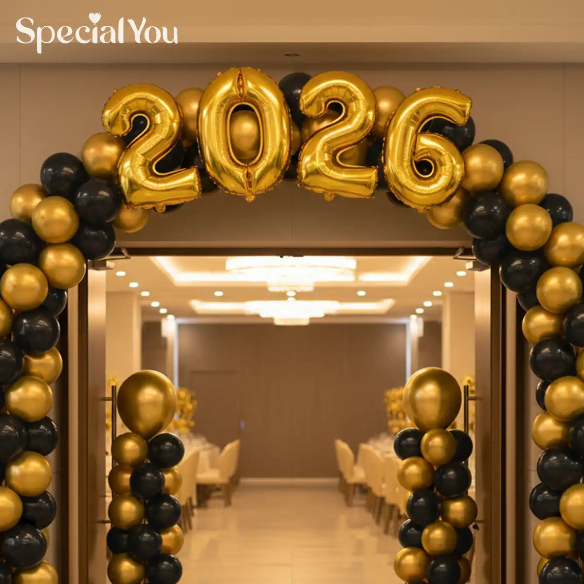 Black & Gold 2026 New Year Balloon Arch Entrance Decor