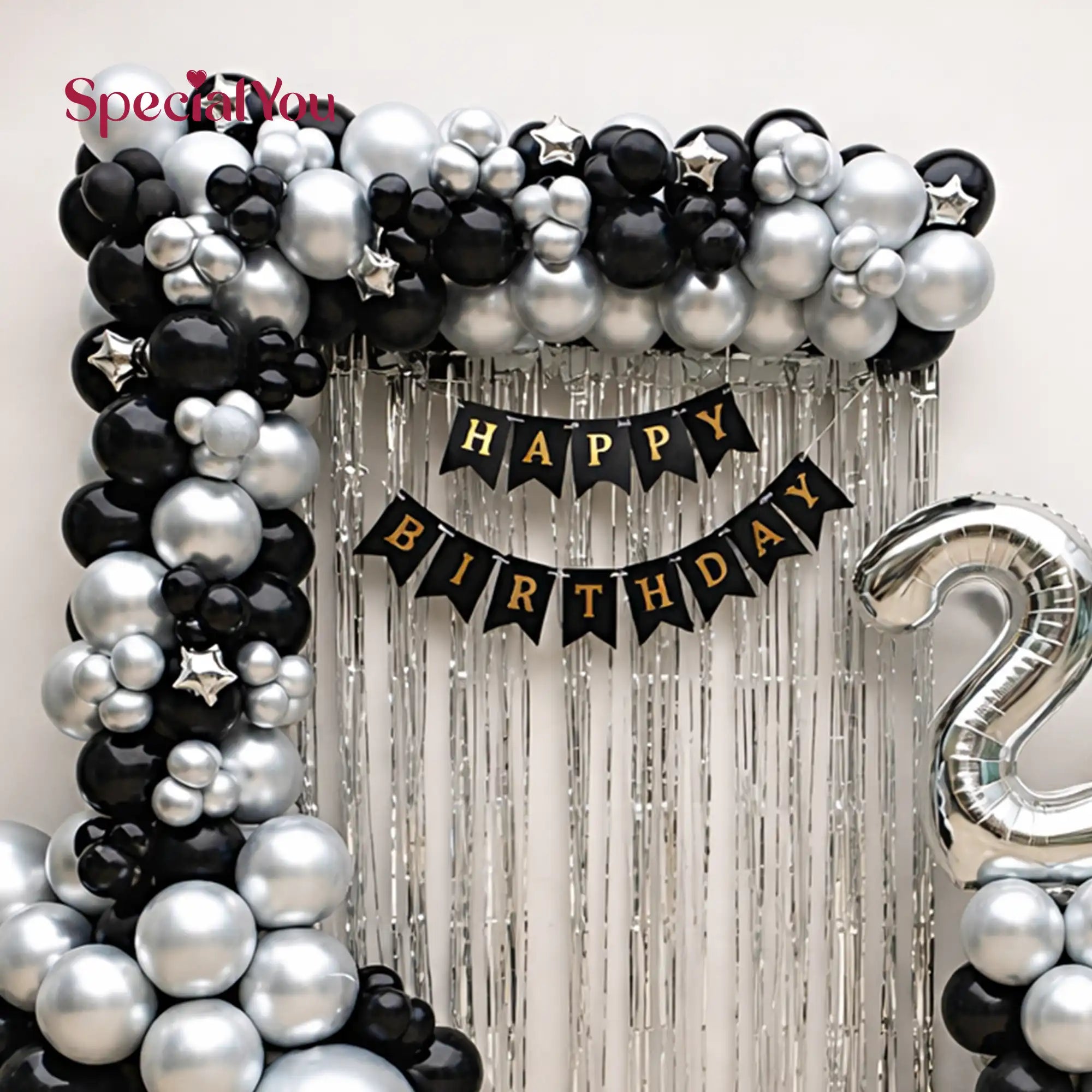 Silver Black Birthday Balloon Backdrop Decor
