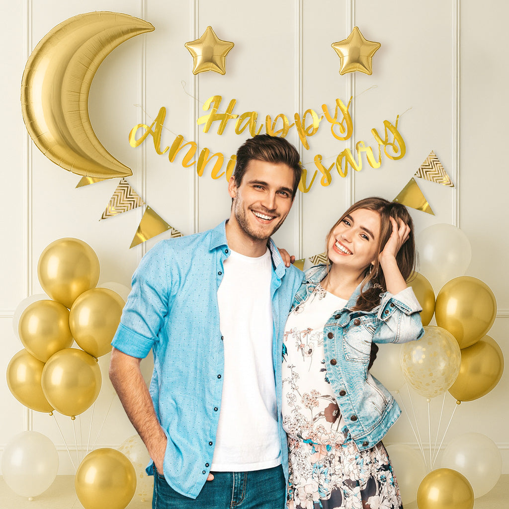 Happy Anniversary Balloon – Gold & White Theme