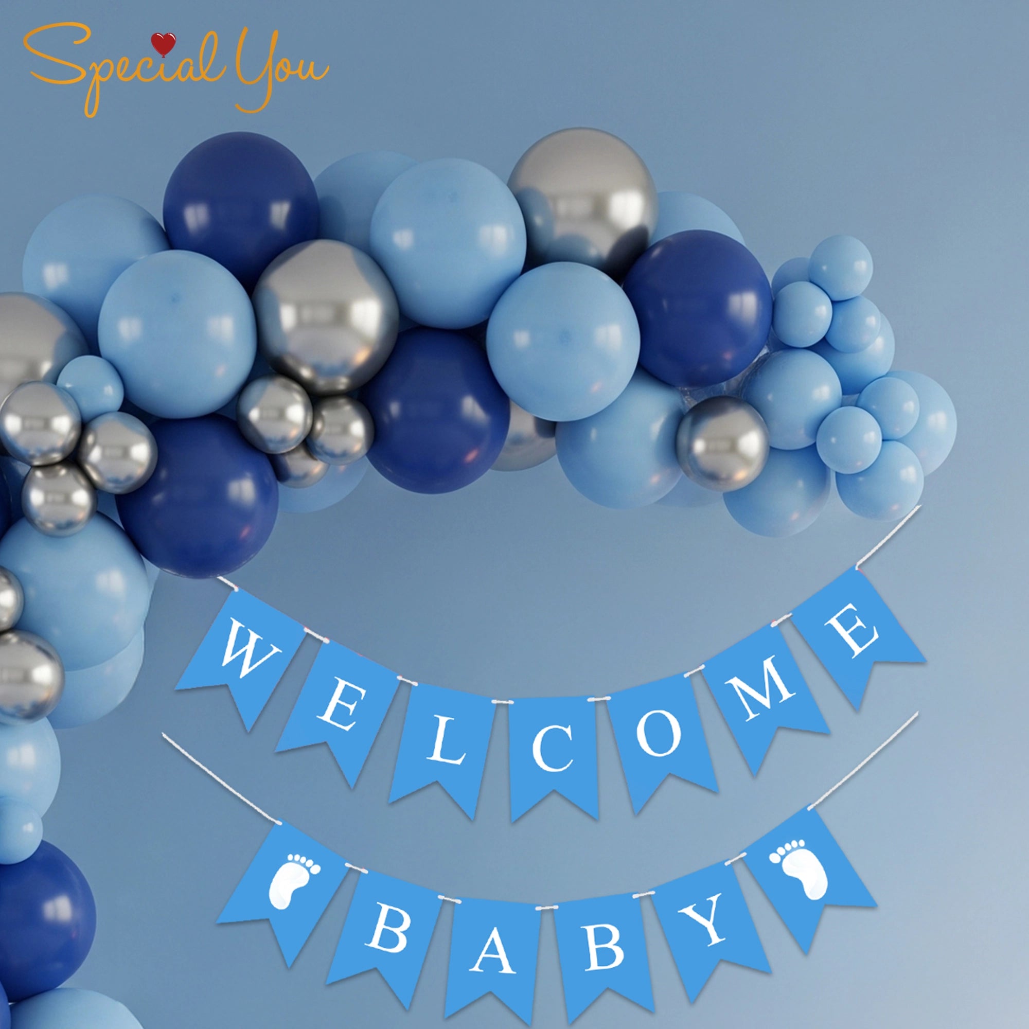 Blue & Silver Welcome Baby Balloon Decor