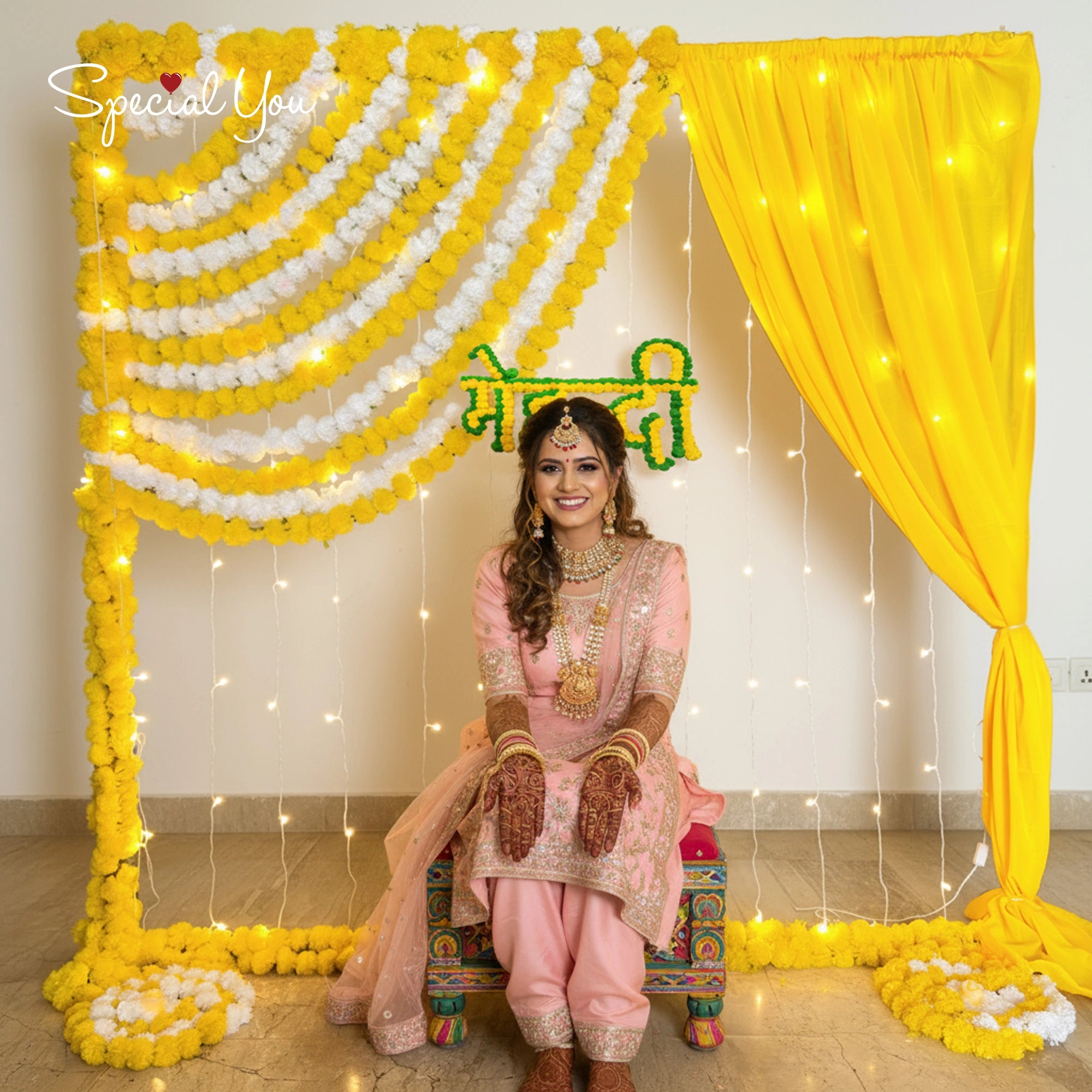 Yellow Floral Mehndi Ceremony Backdrop Decor