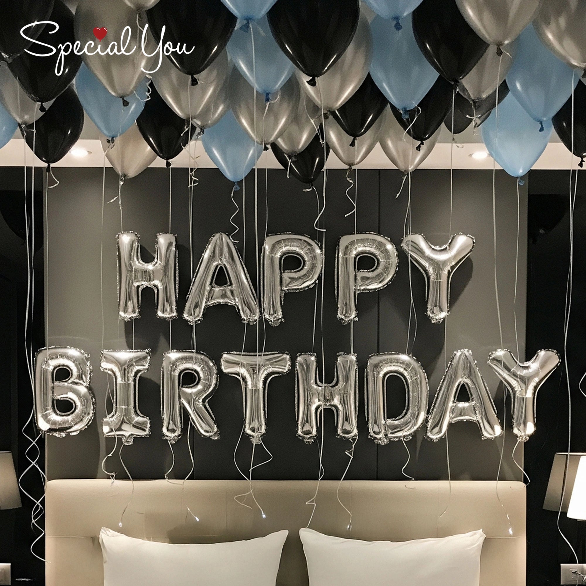Black, Silver & Blue Birthday Balloon Room Decor
