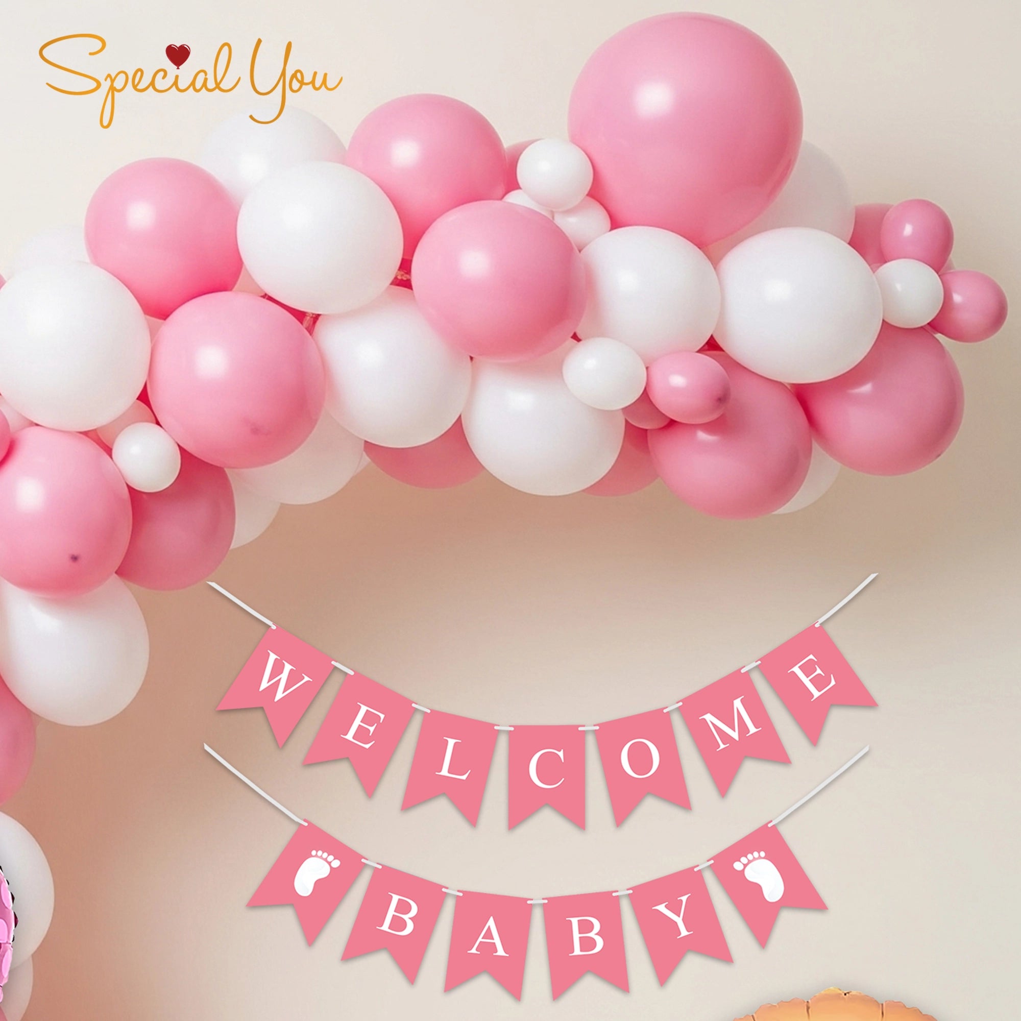 Pink & White Baby Girl Welcome Balloon Decor