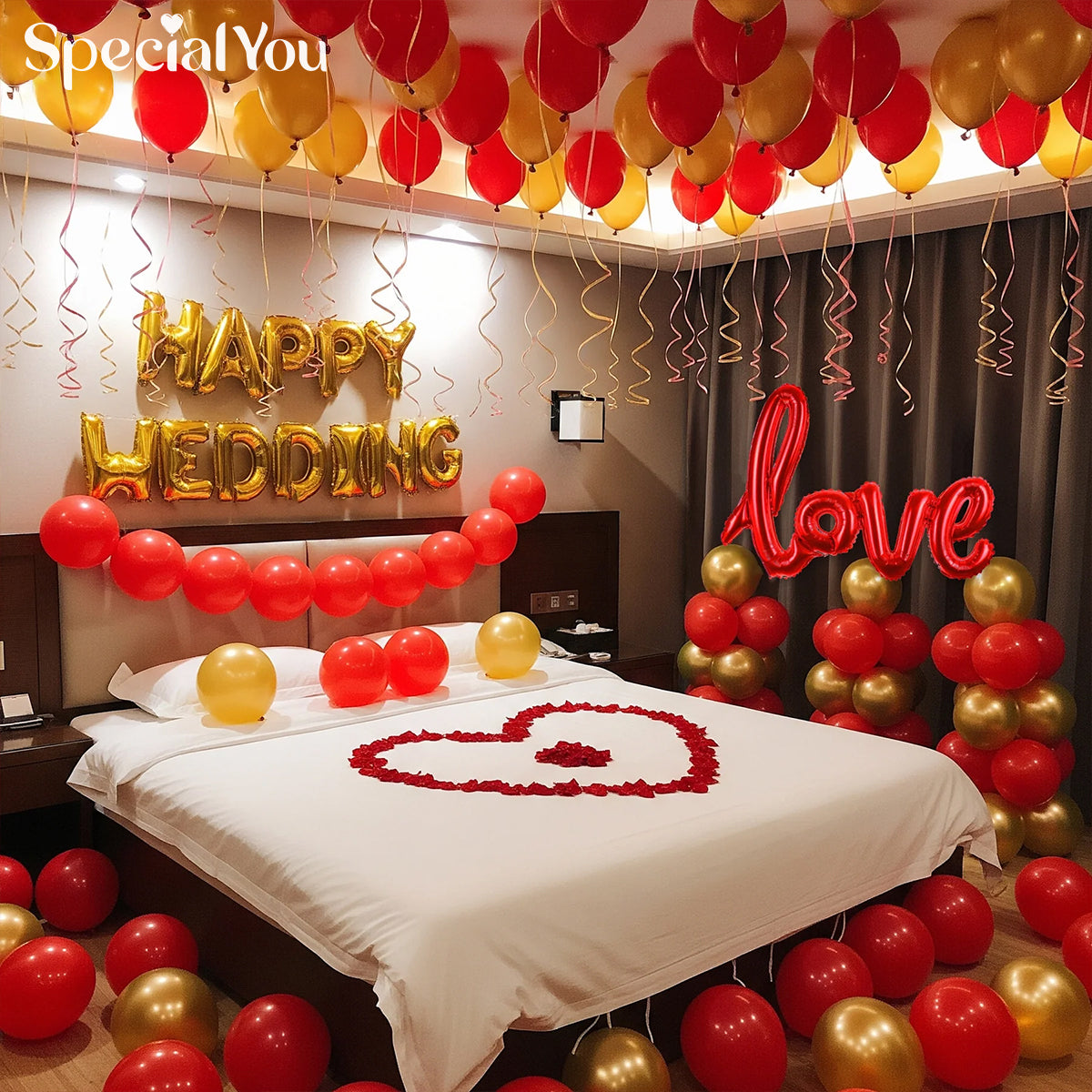 Golden & Red Wedding Room Decor