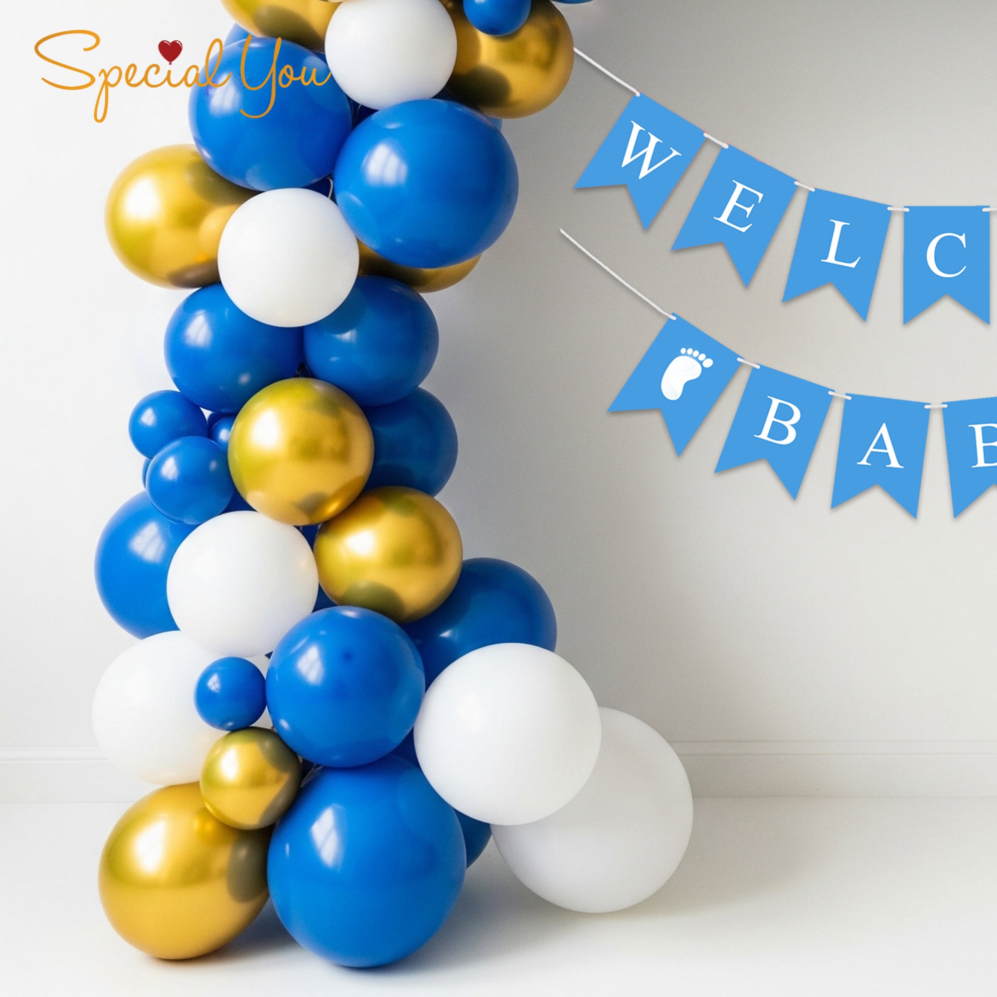 Elegant Blue and Gold Welcome Baby Decor