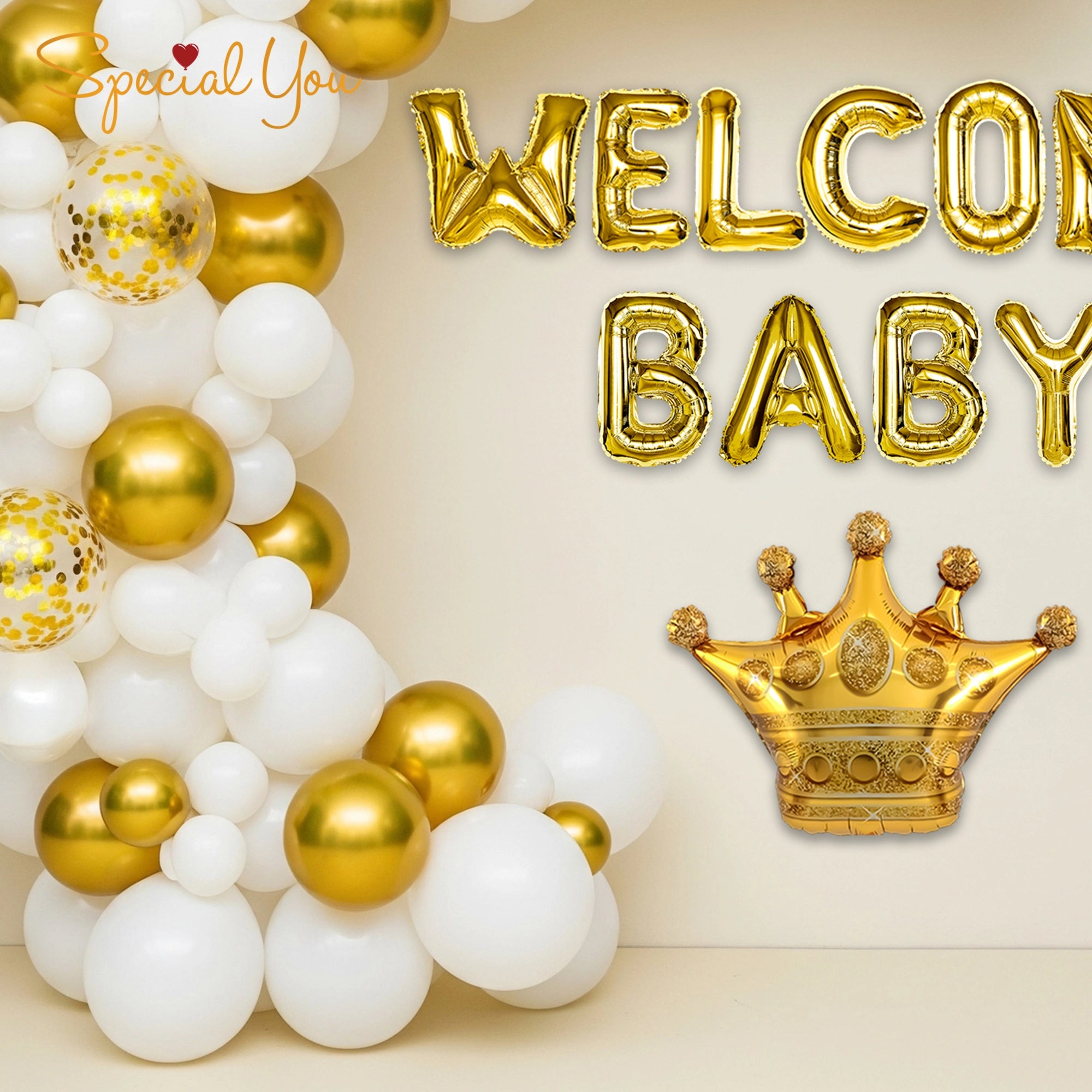 White & Gold Welcome Baby Balloon Decor