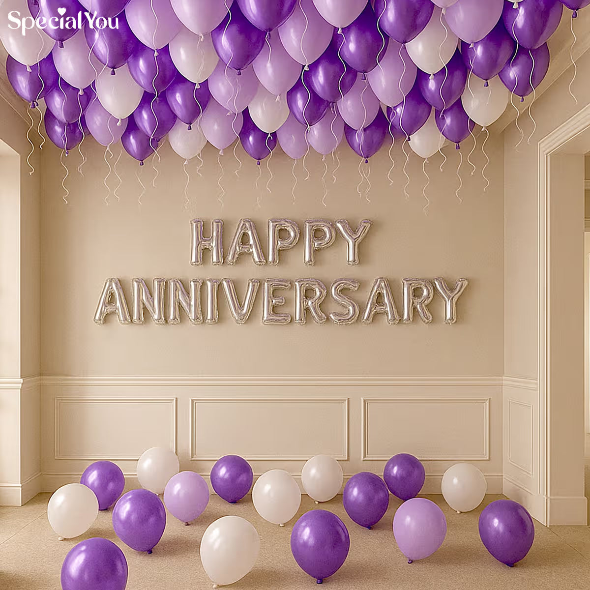 Purple & White Anniversary Decor