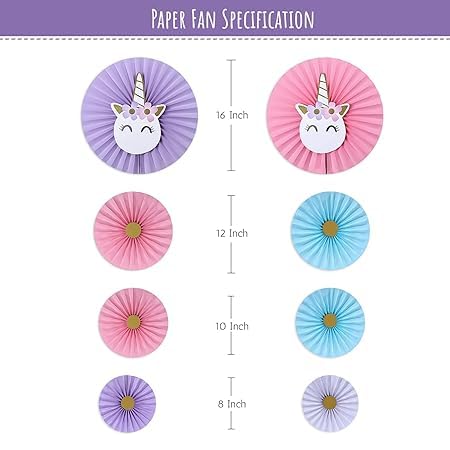 Unicorn Paper Fans wall decoration item pack of 8pcs
