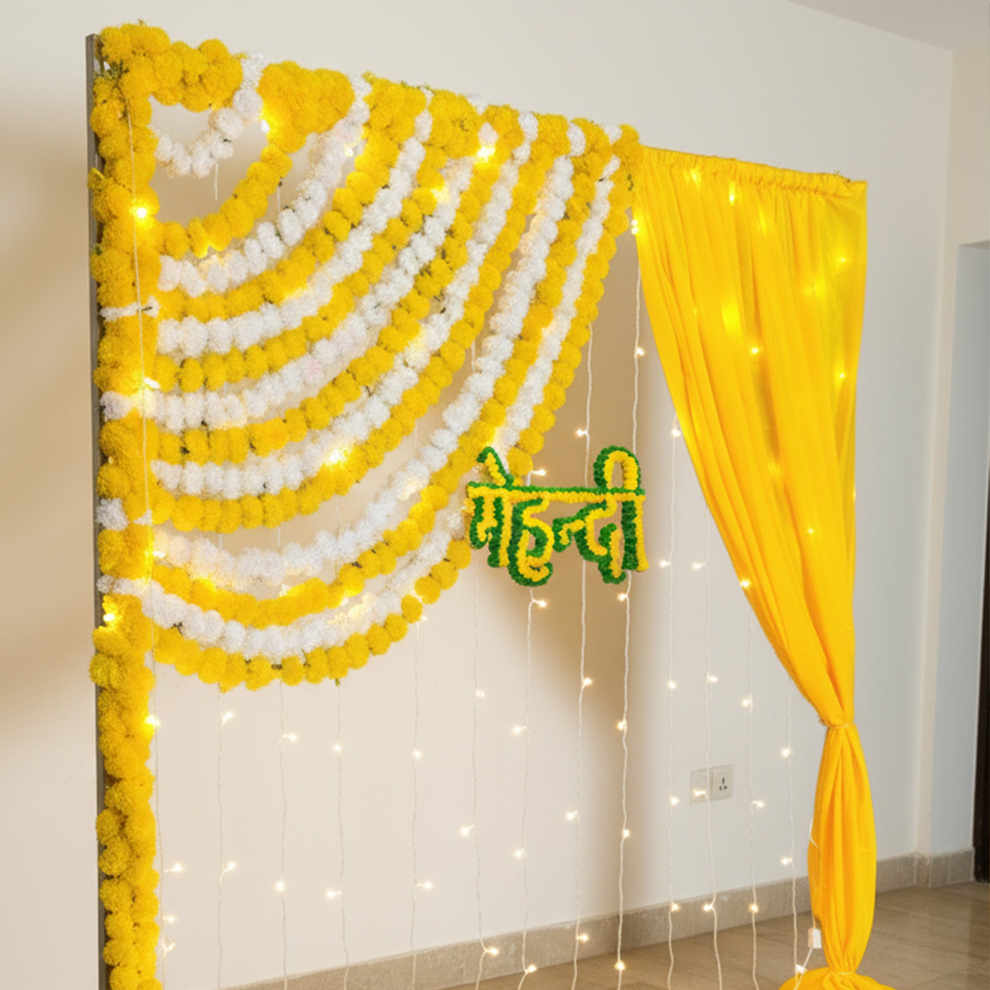 Yellow Floral Mehndi Ceremony Backdrop Decor
