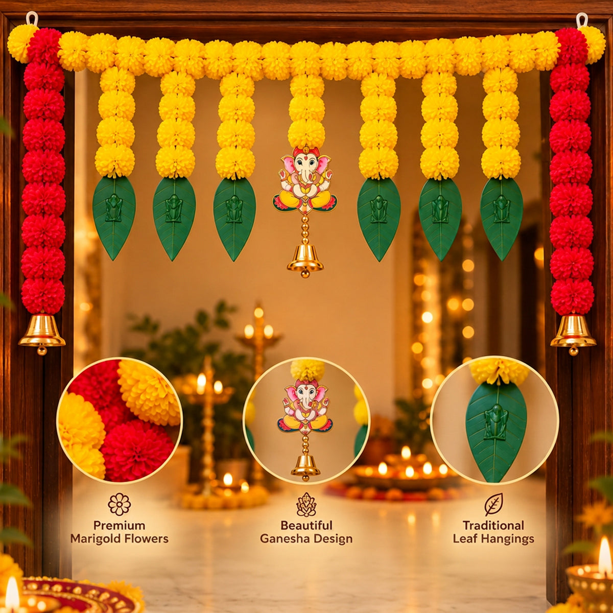 Yellow & Red Marigold Bell Toran for Diwali Decoration for Home