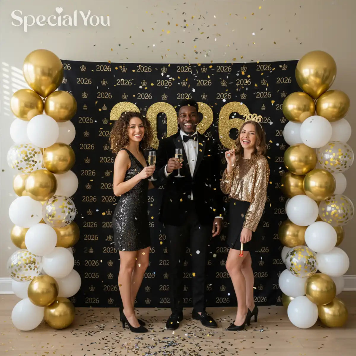 Black & Gold 2026 New Year Balloon Backdrop Decoration