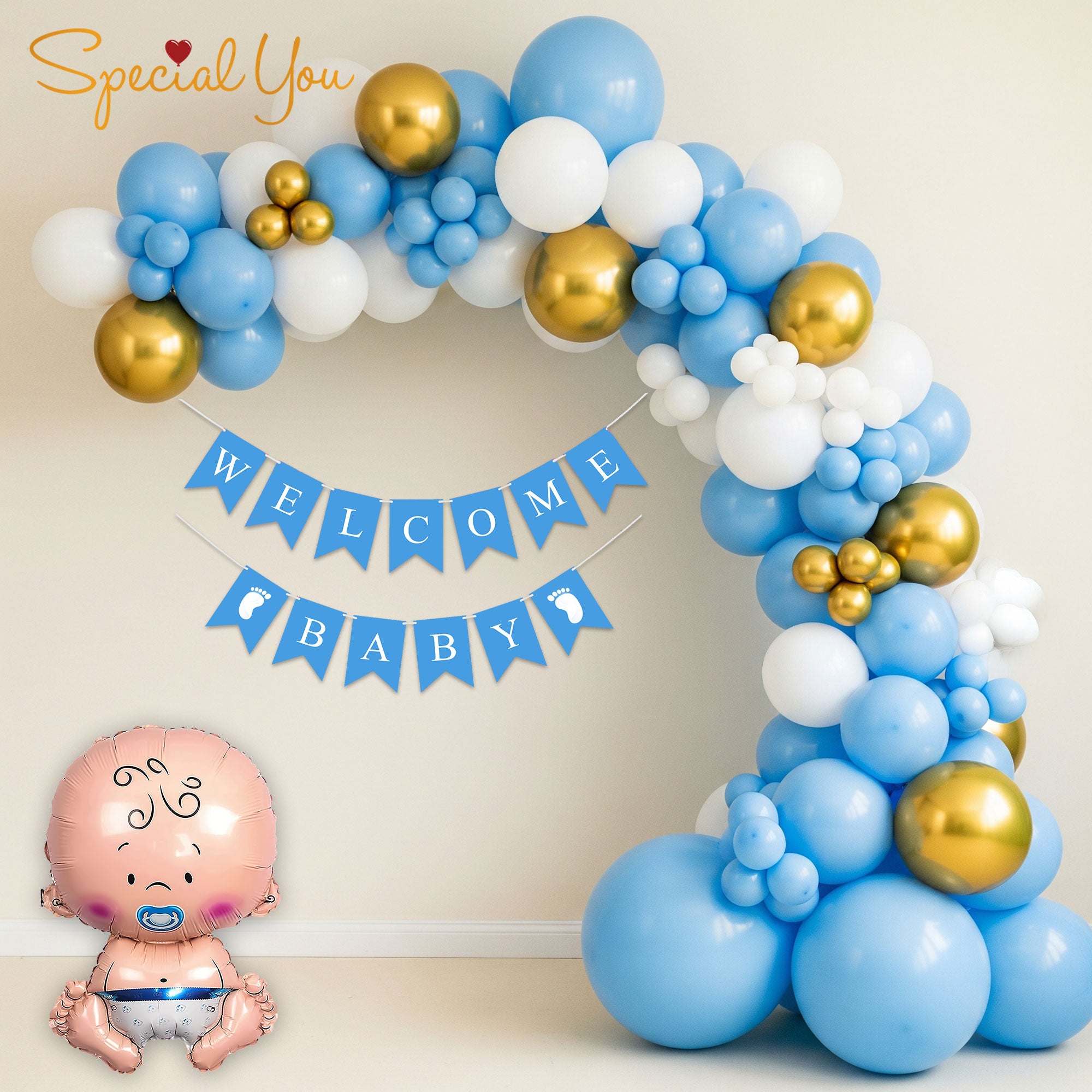 Blue and Gold Welcome Baby Decor