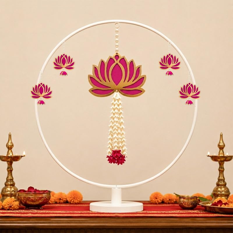 Lotus Harmony Ganpati Stand Set – White Stand with Lotus Hangings (6 Pieces)