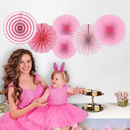 Pink Paper Fans hanging for wall backdrop pack of 6