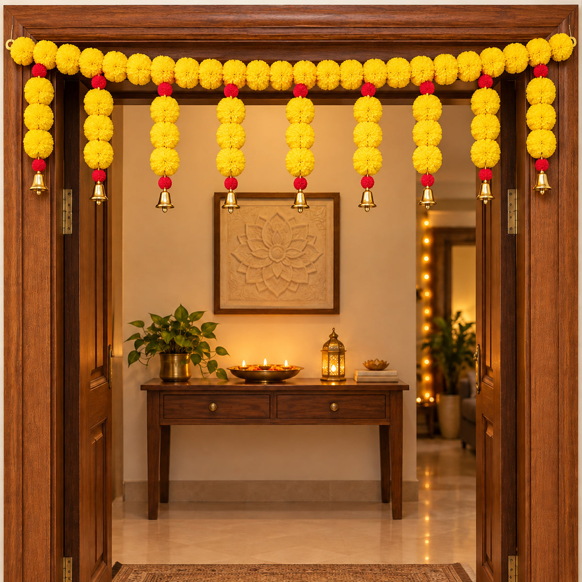 Yellow Marigold Bell Toran for Diwali Decoration for Home