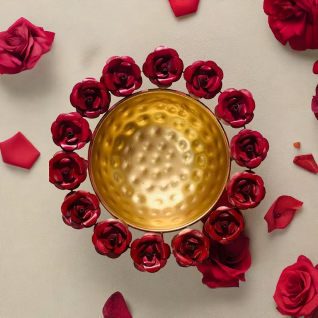 Red Rose Bowl Urli with Tea Light Candles for Diwali Home Decor