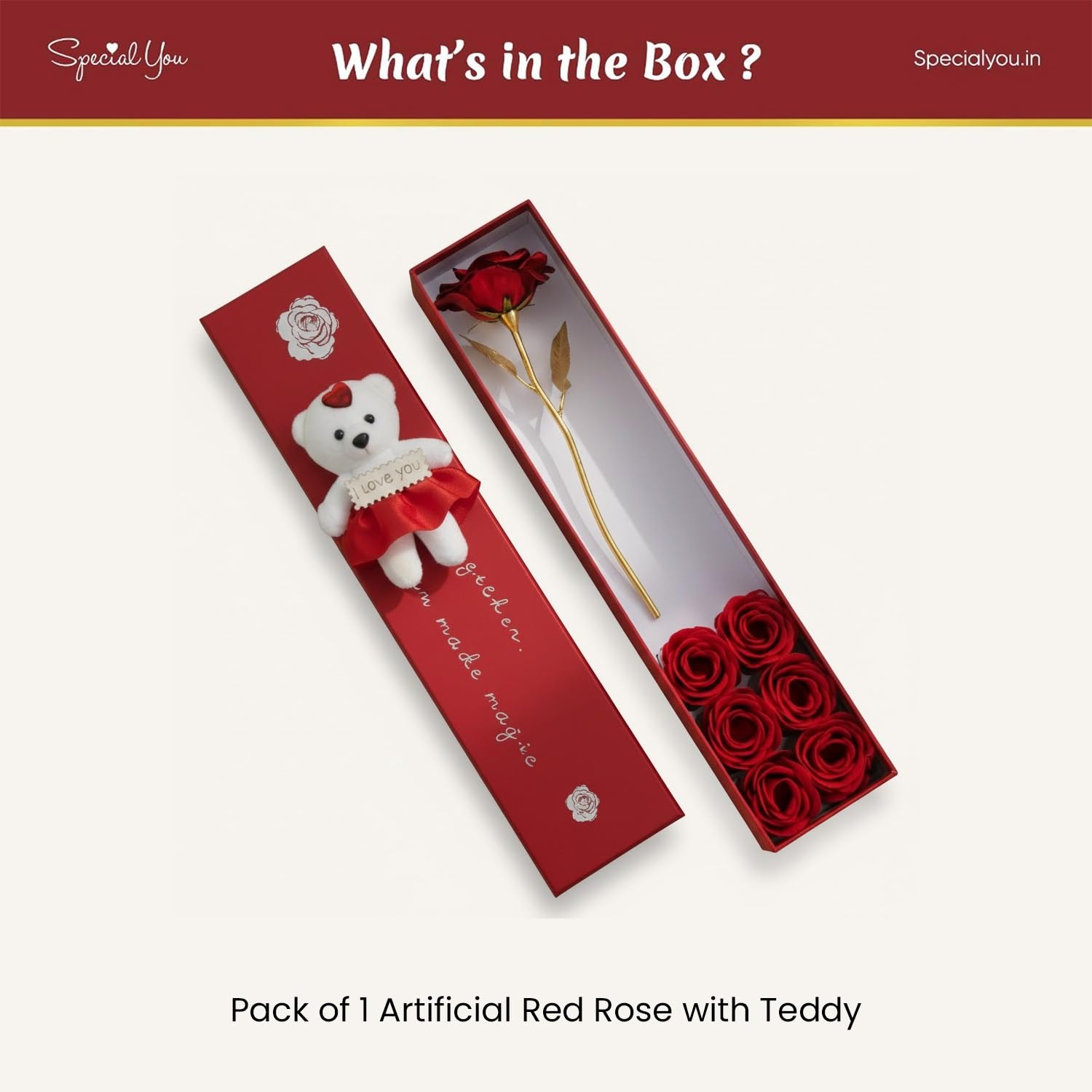 Metal Red Rose & White Teddy for Valentine Gift