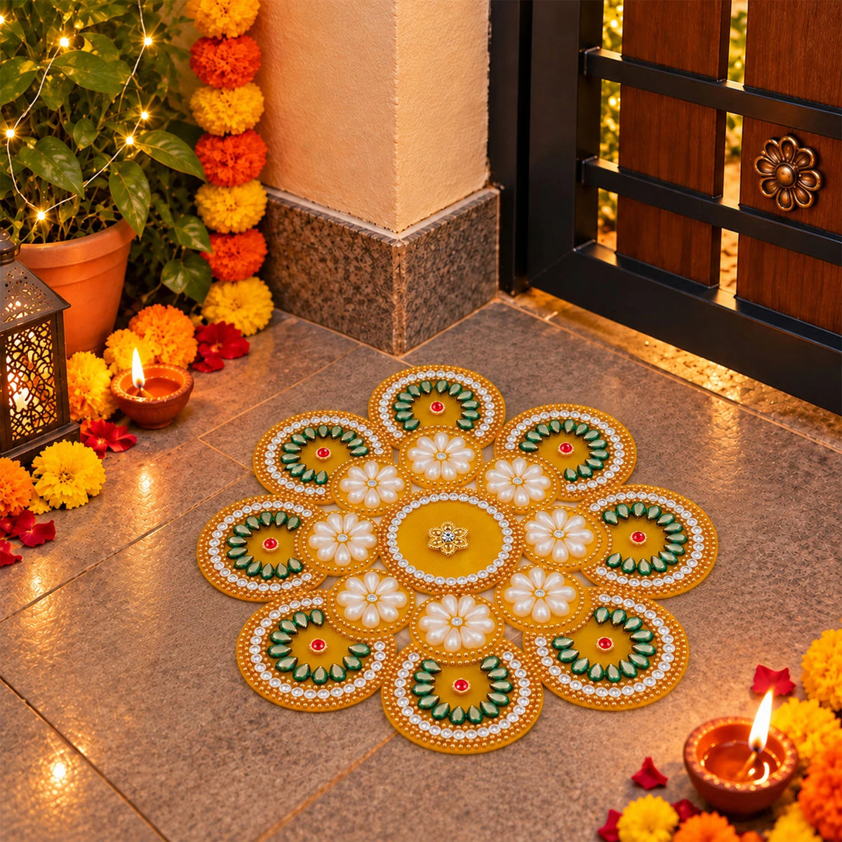 Yellow Pearl Rangoli Mat for Diwali Decoration for Home