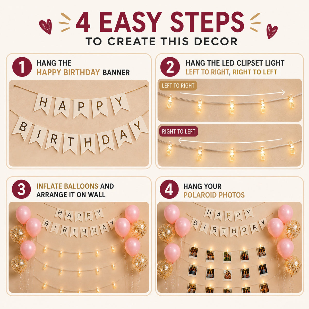 LED Clip Light with Pink Bow & Balloon Birthday DIY Kit