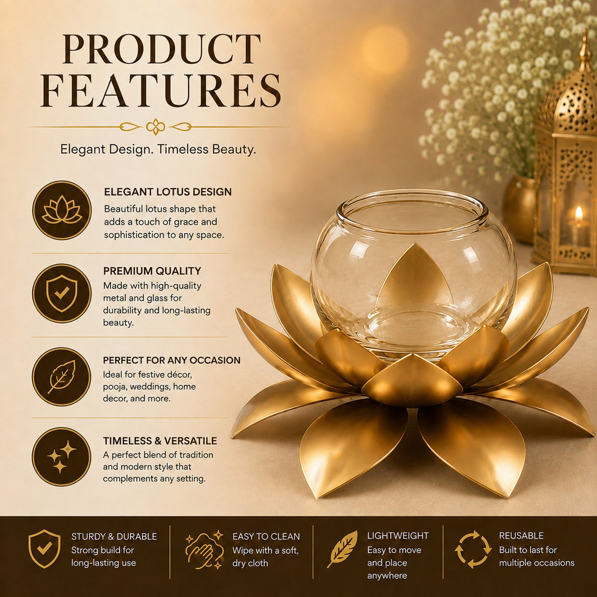 Lotus Urli Bowl with Glass Jar for Diwali Decor